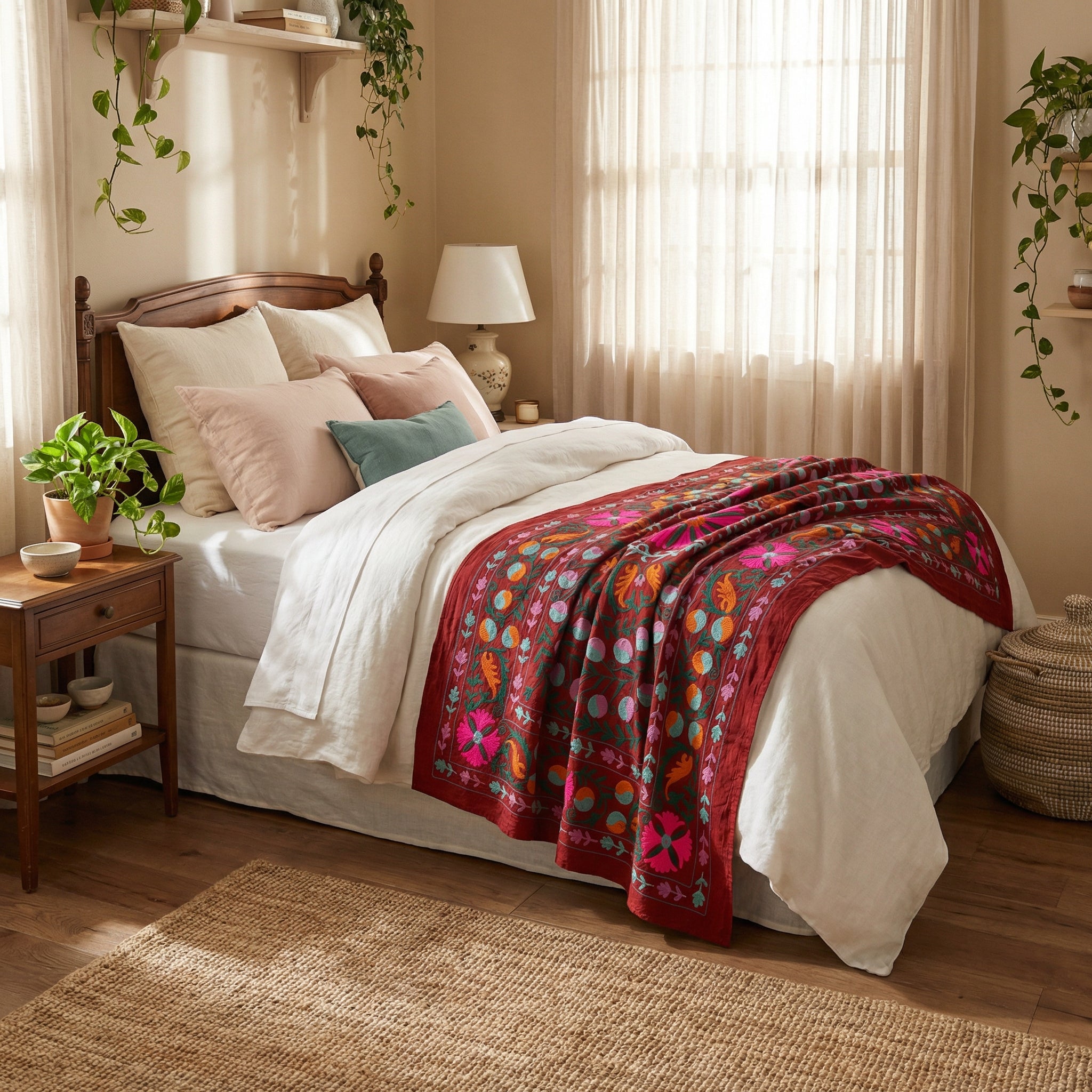 Indigo Petal Hand-Embroidered Cotton Suzani Throw