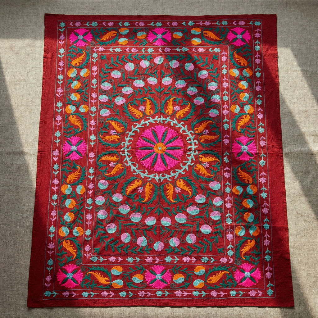 Indigo Petal Hand-Embroidered Cotton Suzani Throw