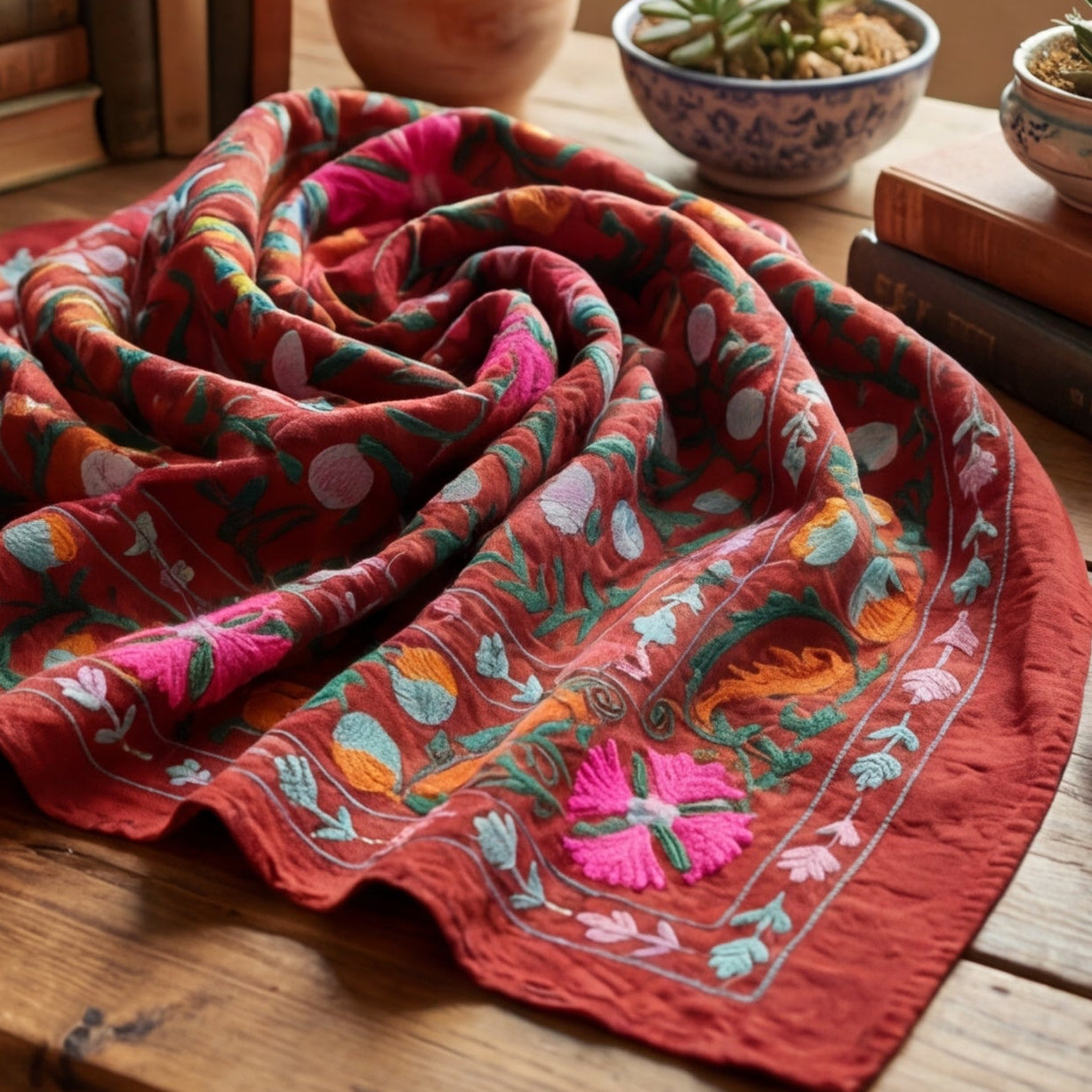 Indigo Petal Hand-Embroidered Cotton Suzani Throw