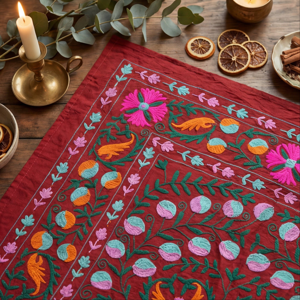 Indigo Petal Hand-Embroidered Cotton Suzani Throw