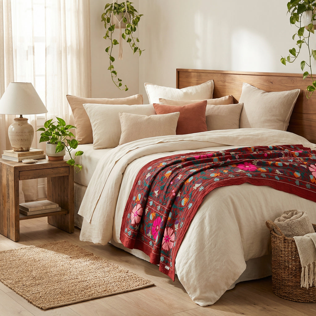 Meandering Mosses Hand-Embroidered Cotton Suzani Throw