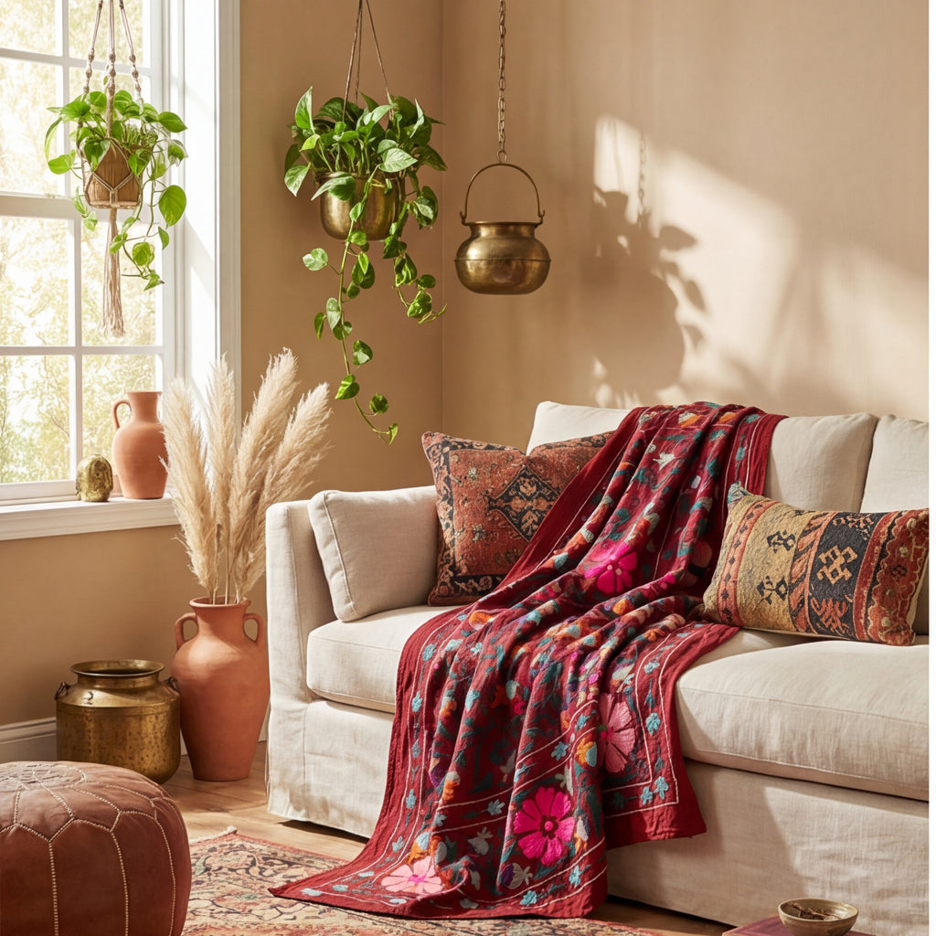 Meandering Mosses Hand-Embroidered Cotton Suzani Throw