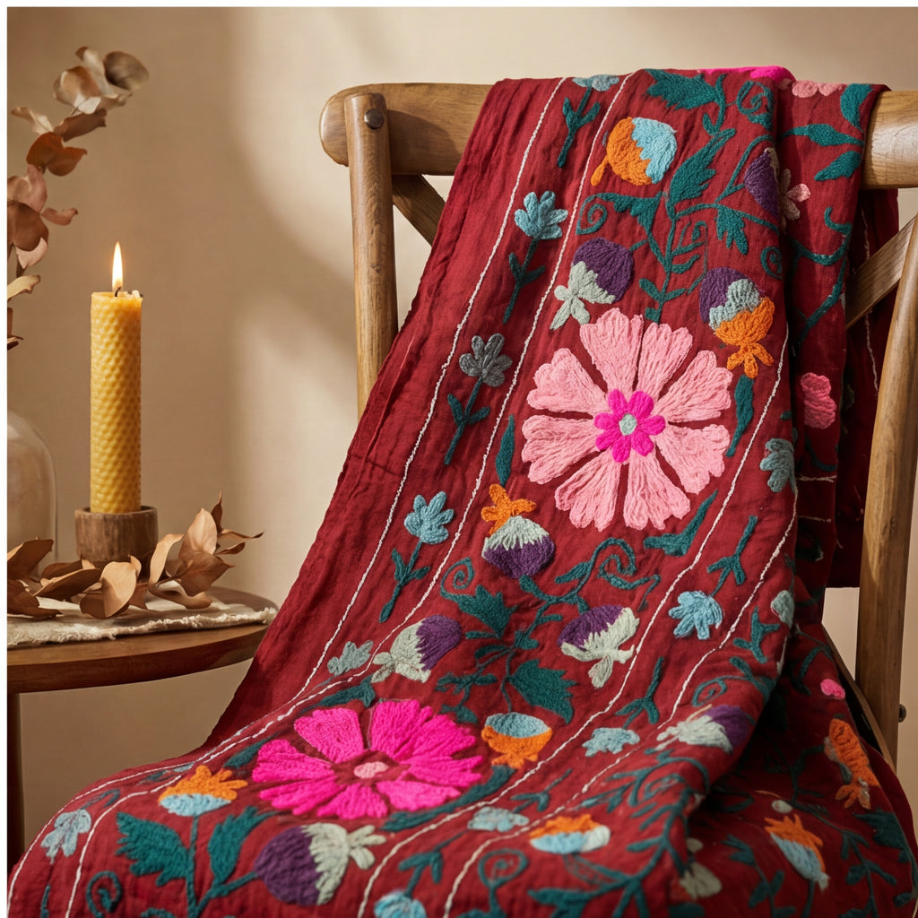 Meandering Mosses Hand-Embroidered Cotton Suzani Throw