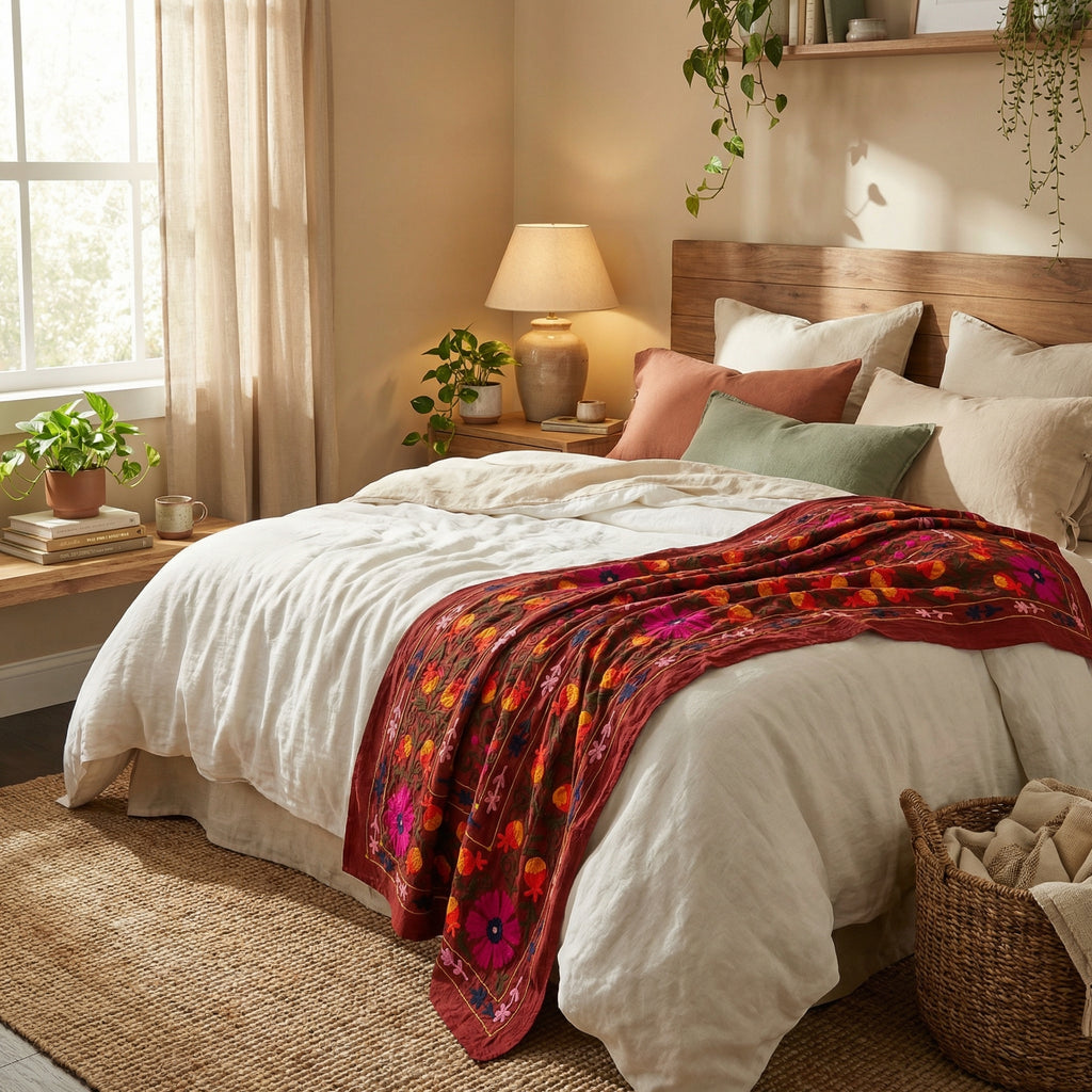 Wandering Meadow Hand-Embroidered Cotton Suzani Throw