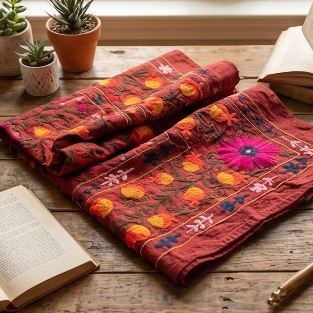 Wandering Meadow Hand-Embroidered Cotton Suzani Throw