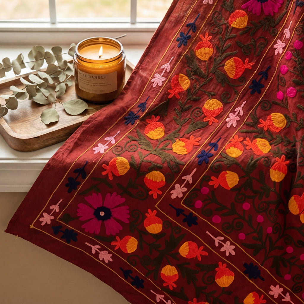 Wandering Meadow Hand-Embroidered Cotton Suzani Throw