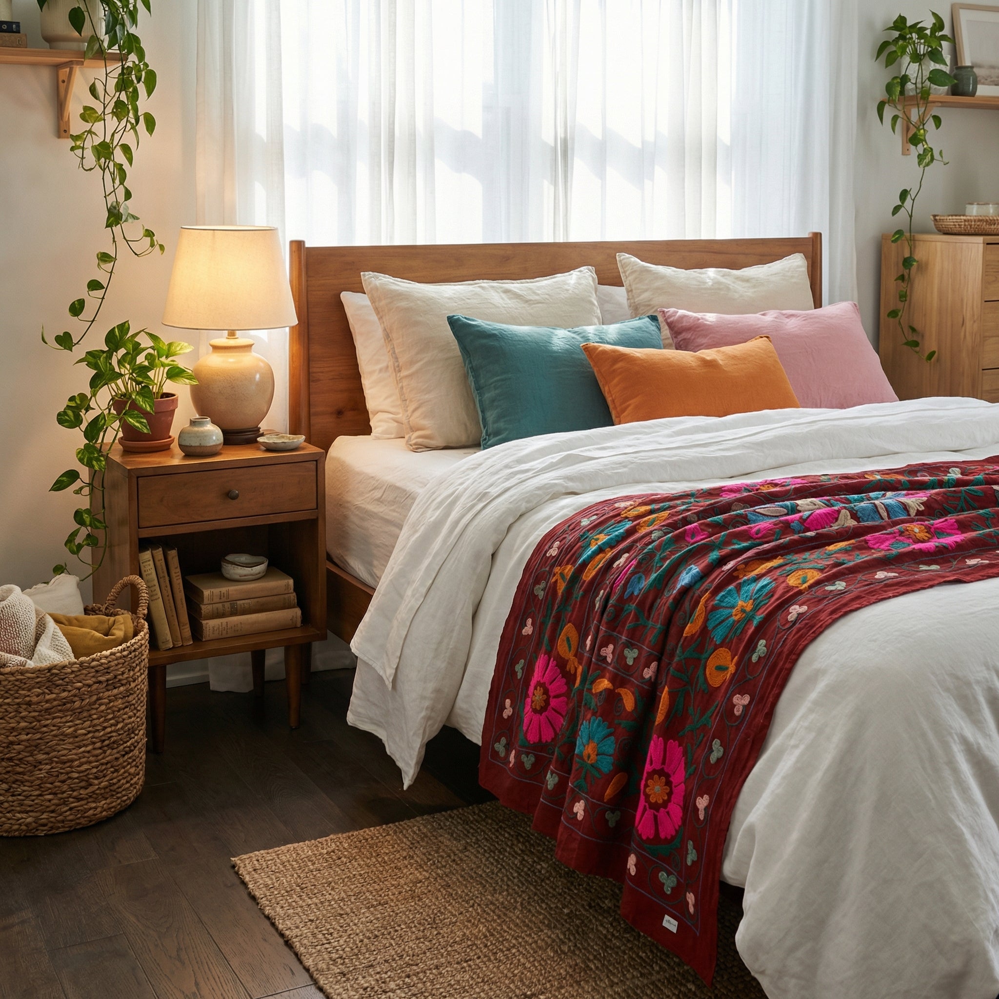 Shifting Sagebrush Hand-Embroidered Cotton Suzani Throw