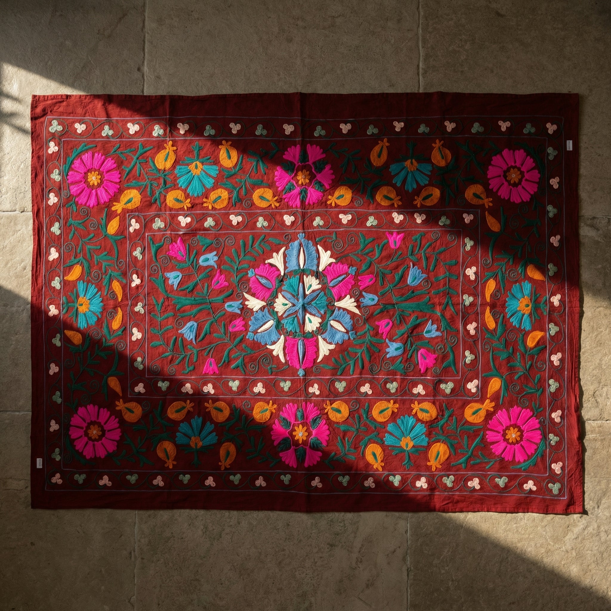 Shifting Sagebrush Hand-Embroidered Cotton Suzani Throw