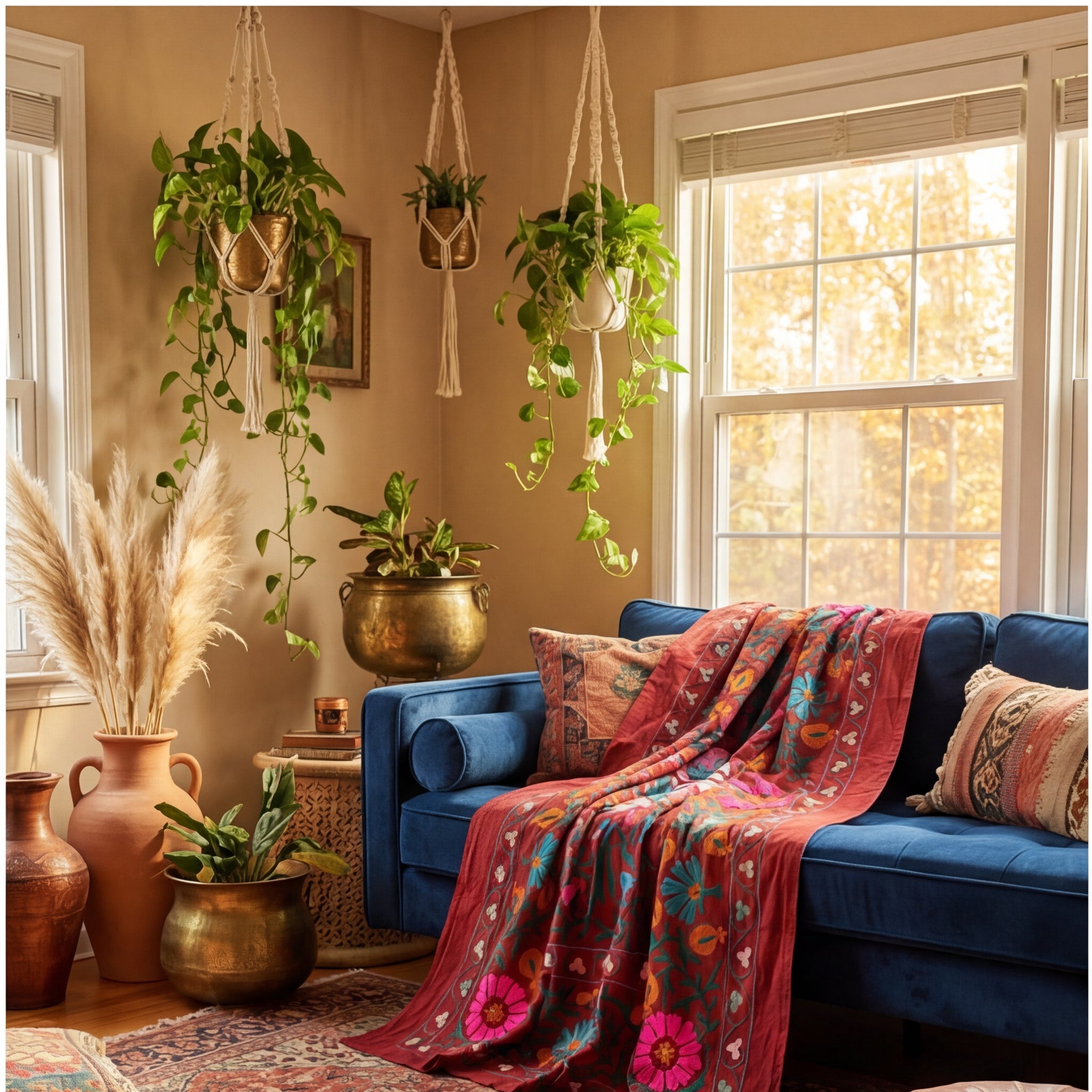 Shifting Sagebrush Hand-Embroidered Cotton Suzani Throw