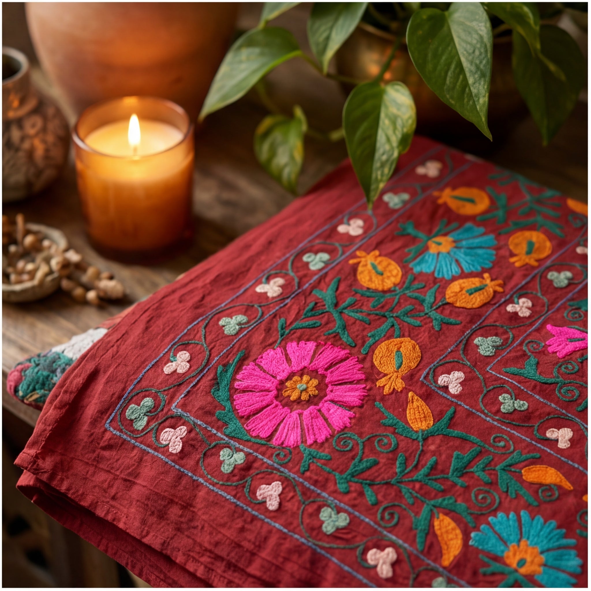 Shifting Sagebrush Hand-Embroidered Cotton Suzani Throw