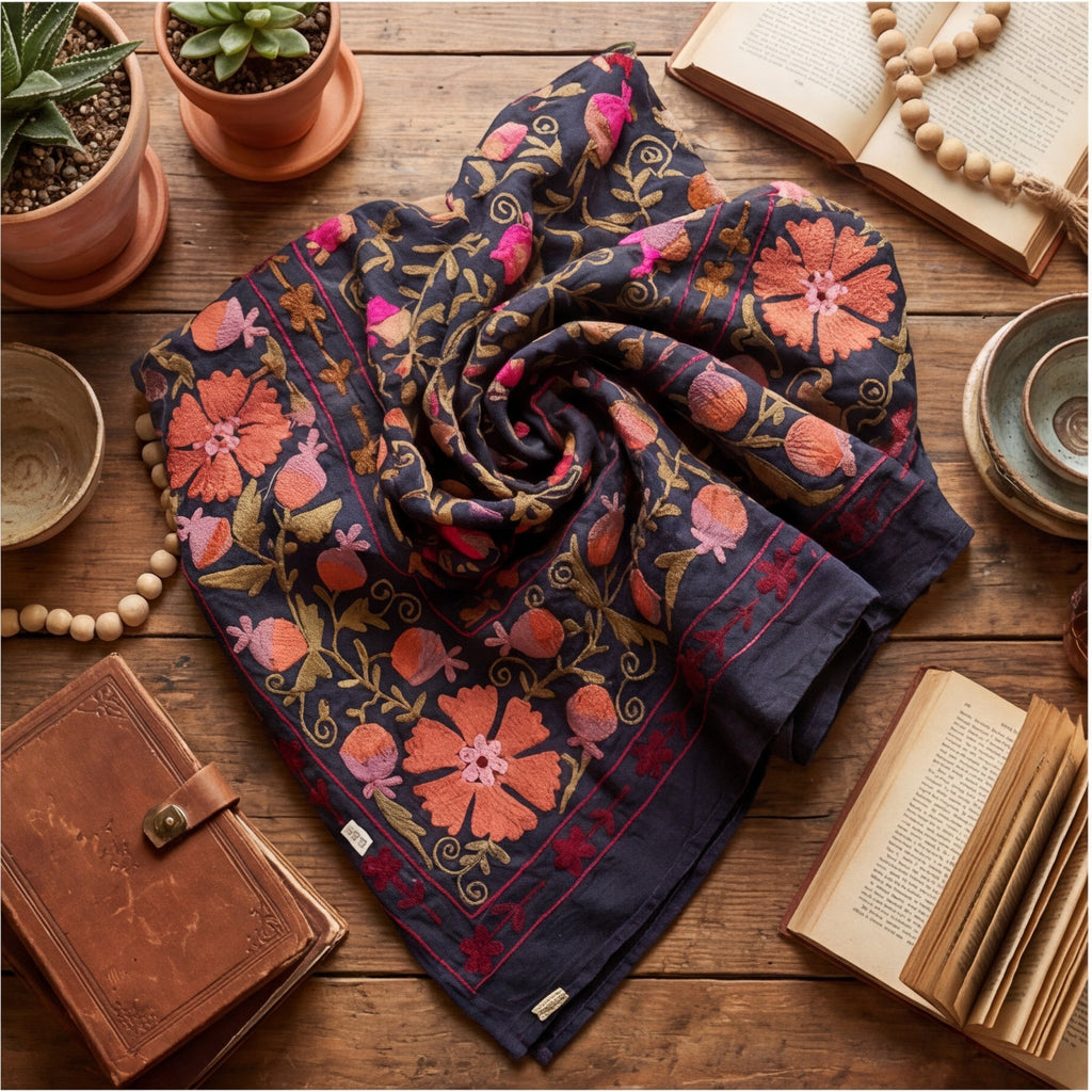 Flowing Fallows Hand-Embroidered Cotton Suzani Throw