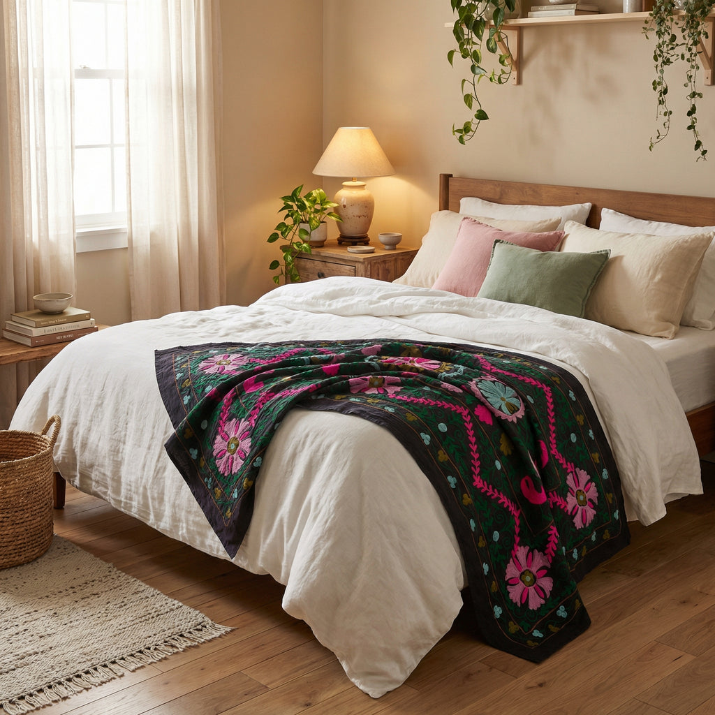 Surging Shorelines Hand-Embroidered Cotton Suzani Throw