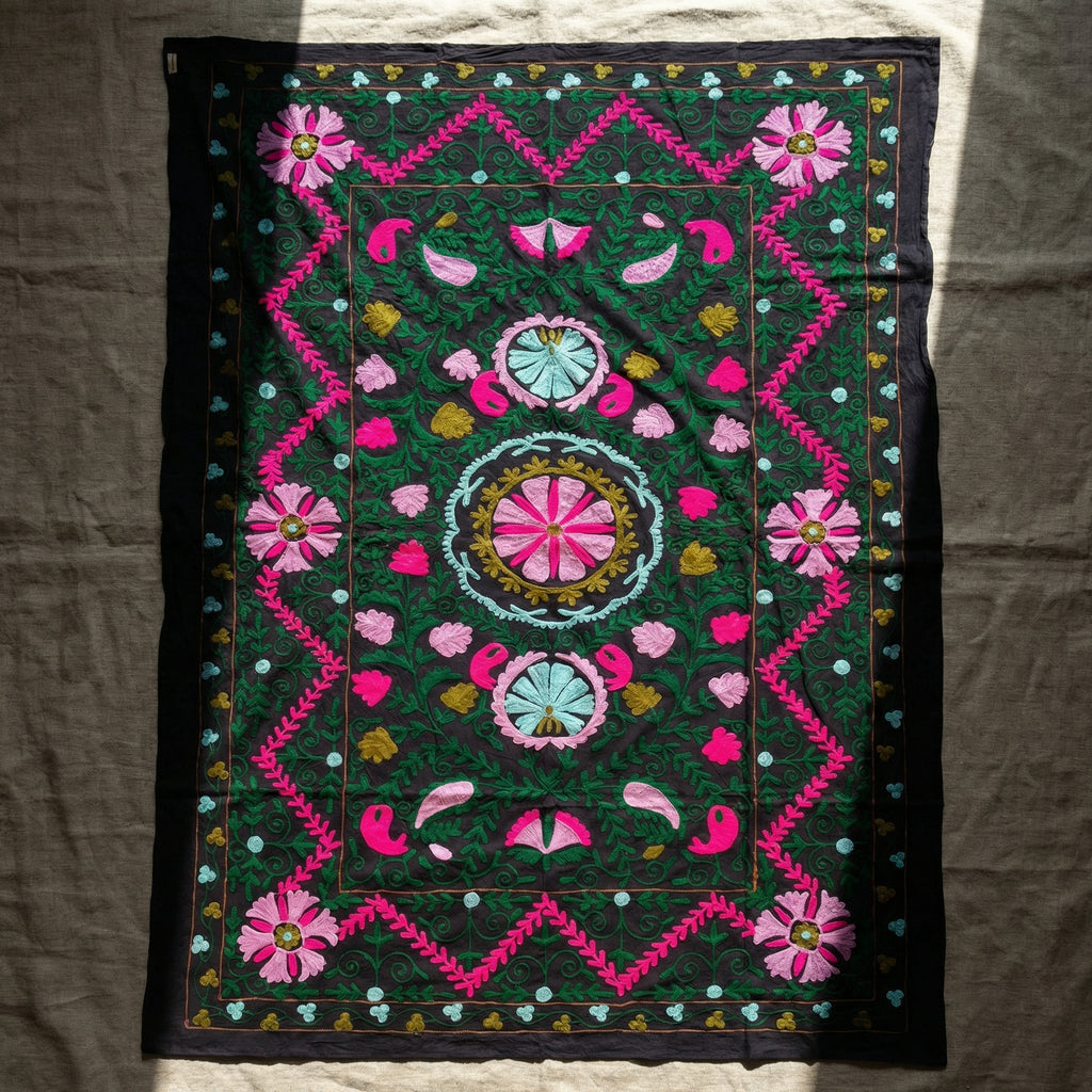 Surging Shorelines Hand-Embroidered Cotton Suzani Throw