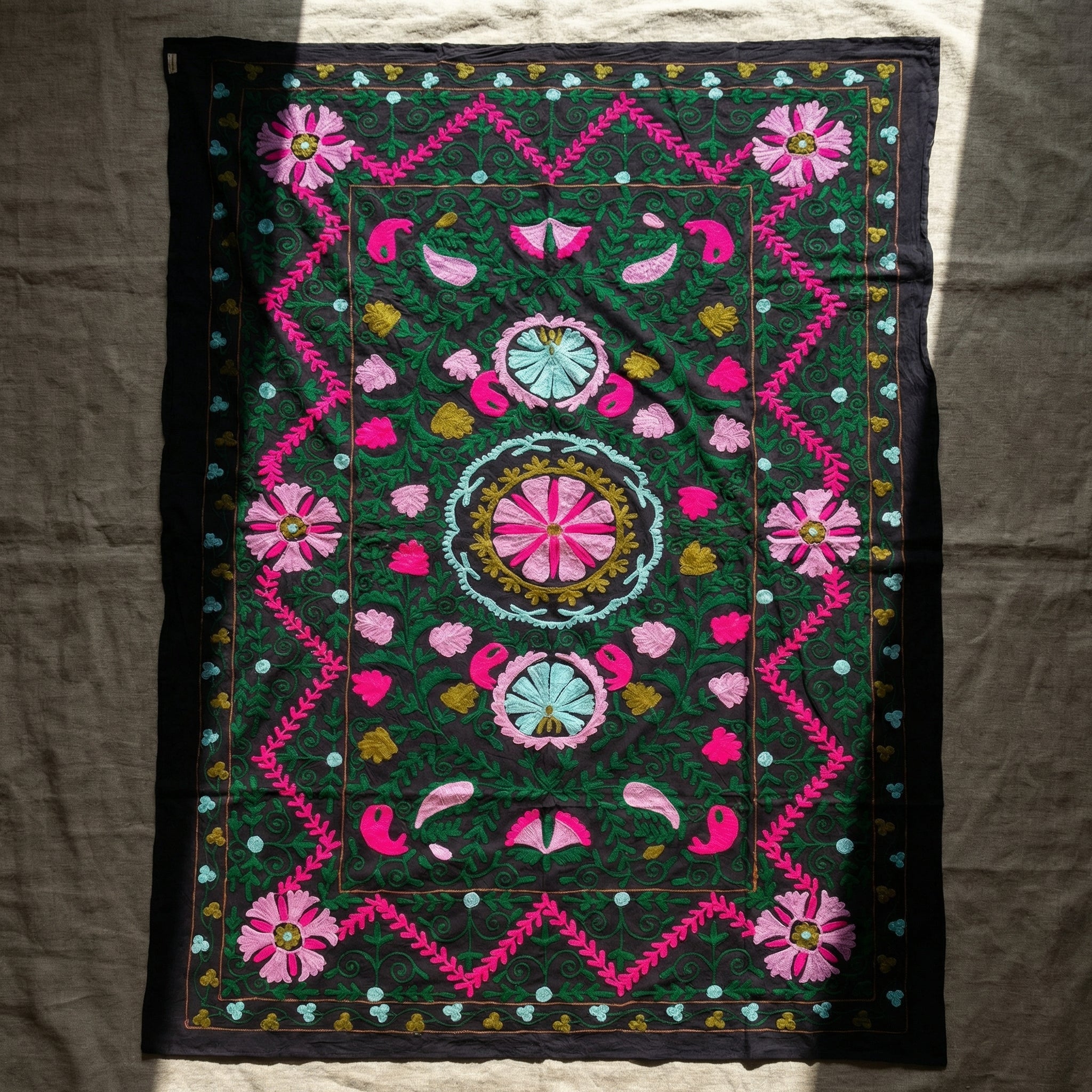 Surging Shorelines Hand-Embroidered Cotton Suzani Throw