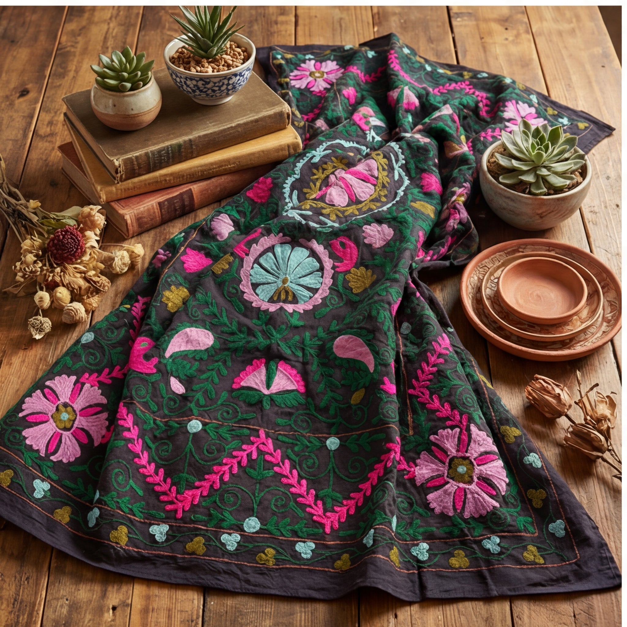 Surging Shorelines Hand-Embroidered Cotton Suzani Throw
