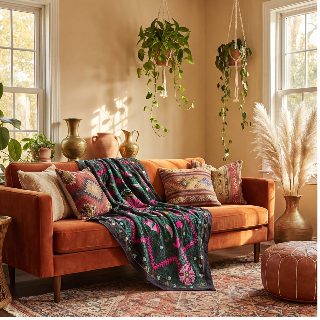 Surging Shorelines Hand-Embroidered Cotton Suzani Throw