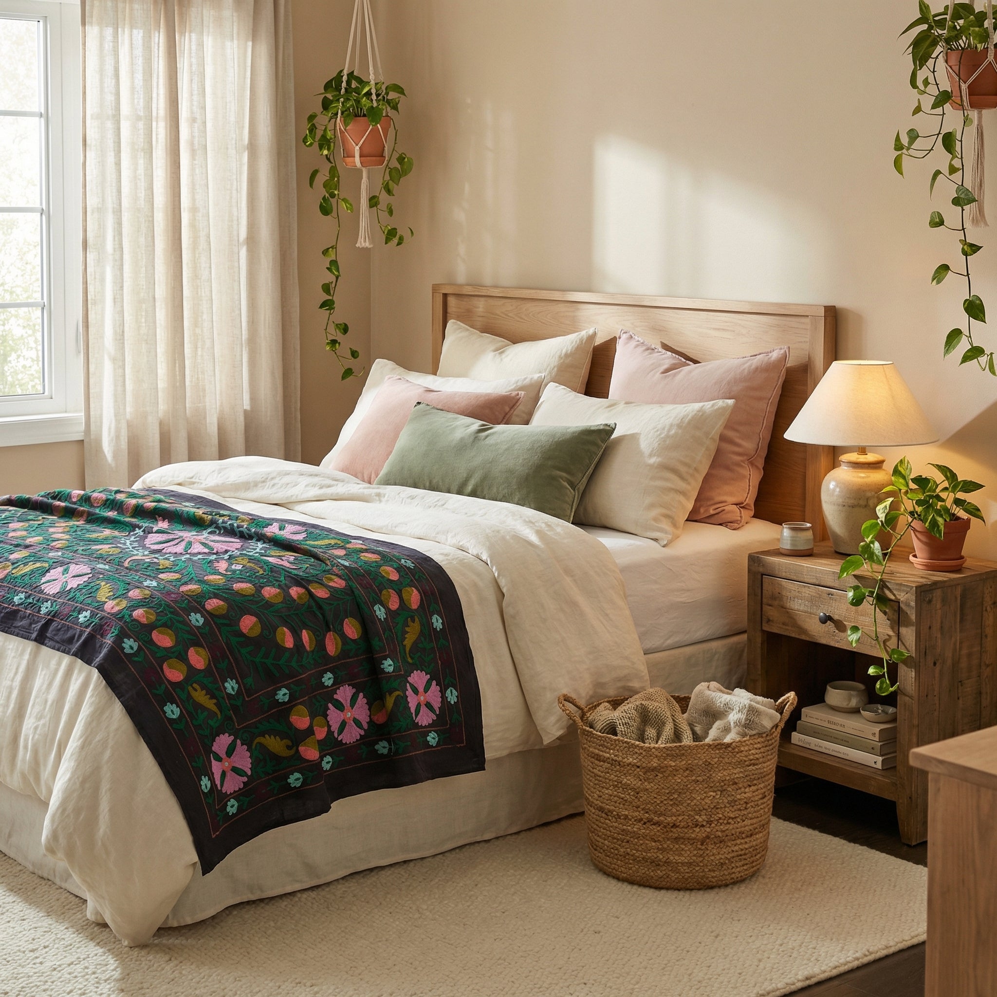 Wavering Willows Hand-Embroidered Cotton Suzani Throw