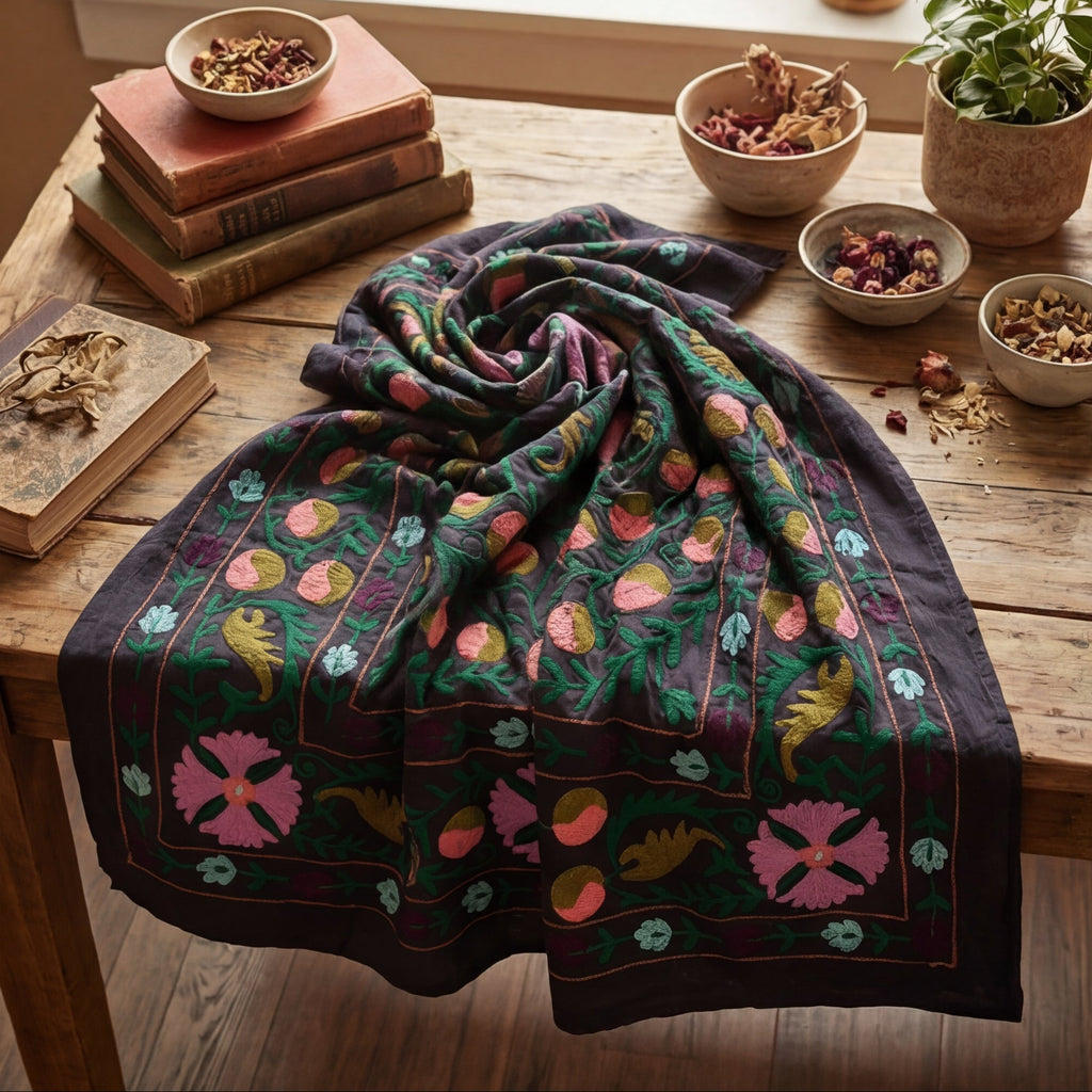 Wavering Willows Hand-Embroidered Cotton Suzani Throw