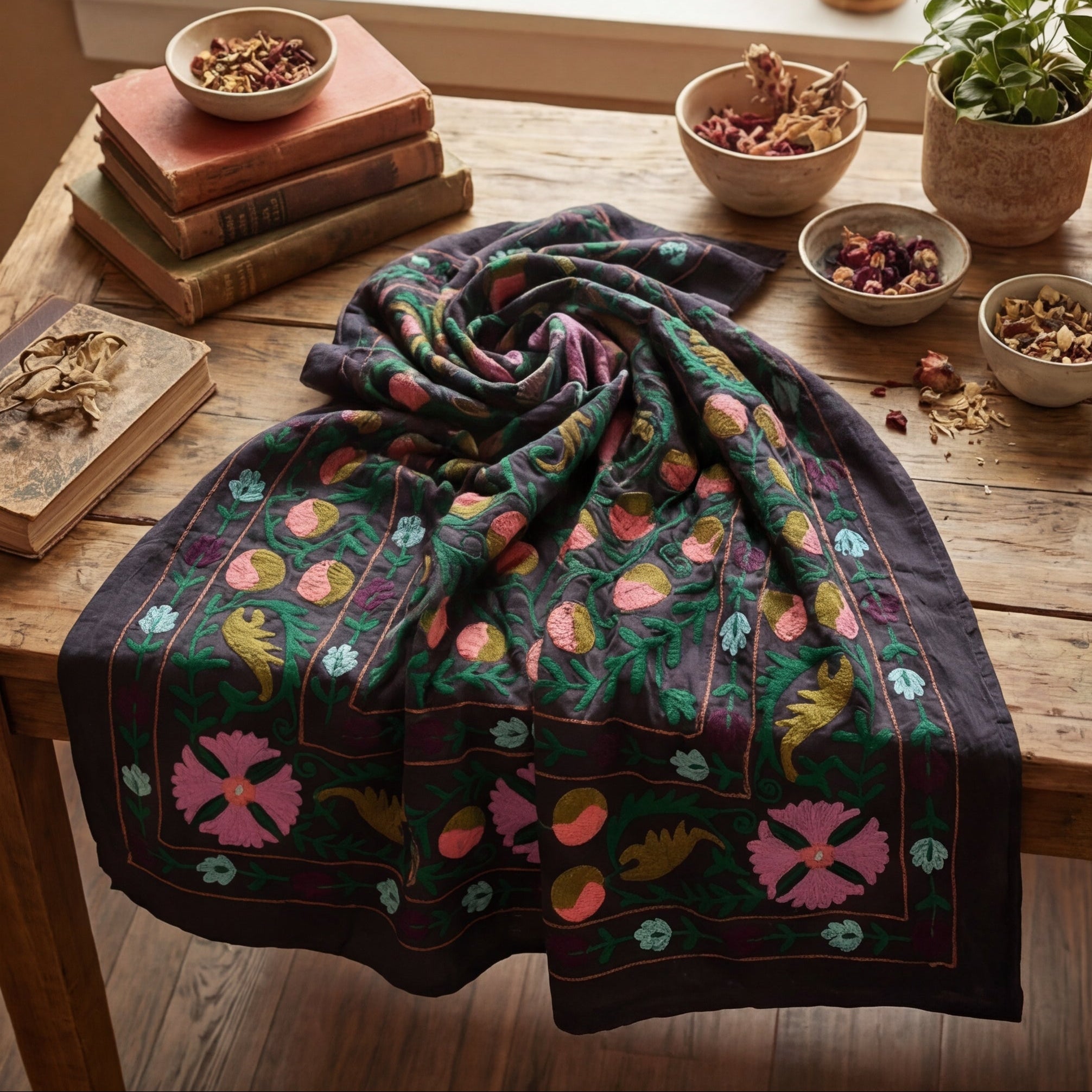 Wavering Willows Hand-Embroidered Cotton Suzani Throw