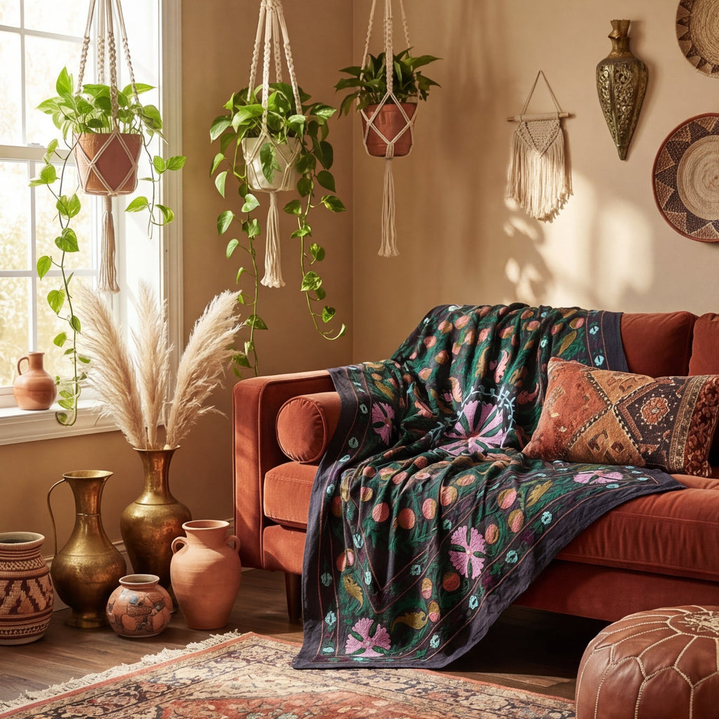 Wavering Willows Hand-Embroidered Cotton Suzani Throw