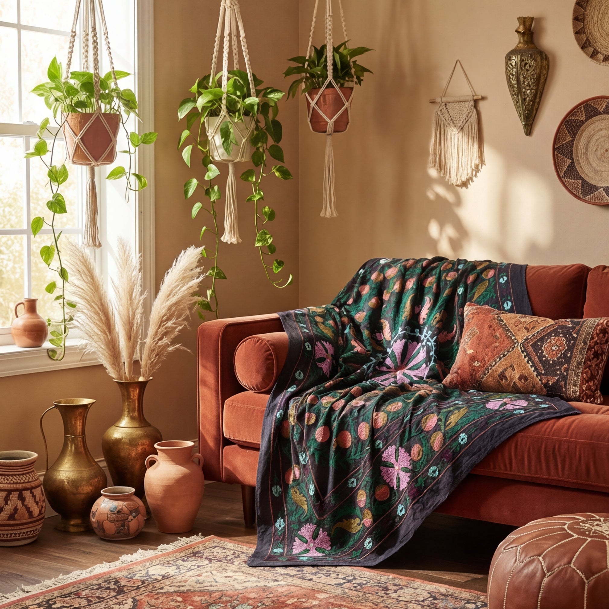 Wavering Willows Hand-Embroidered Cotton Suzani Throw