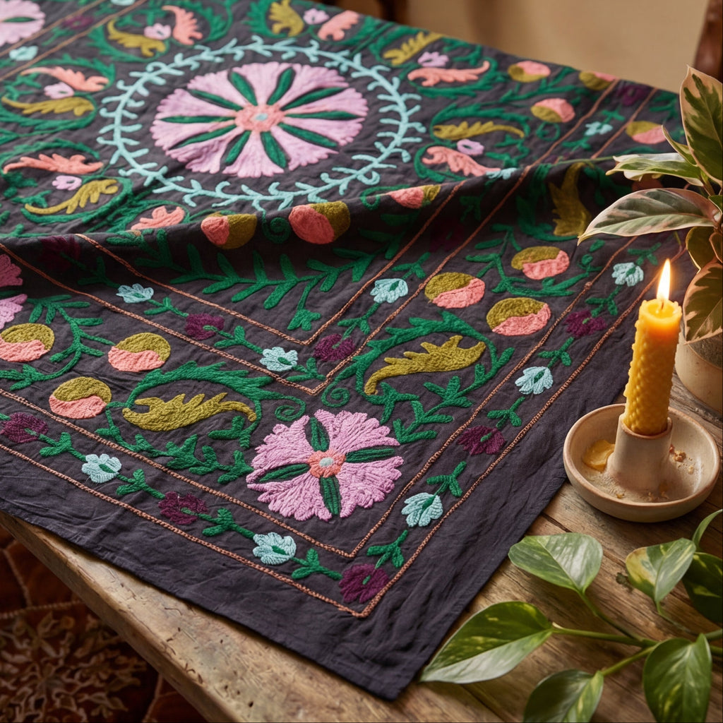 Wavering Willows Hand-Embroidered Cotton Suzani Throw