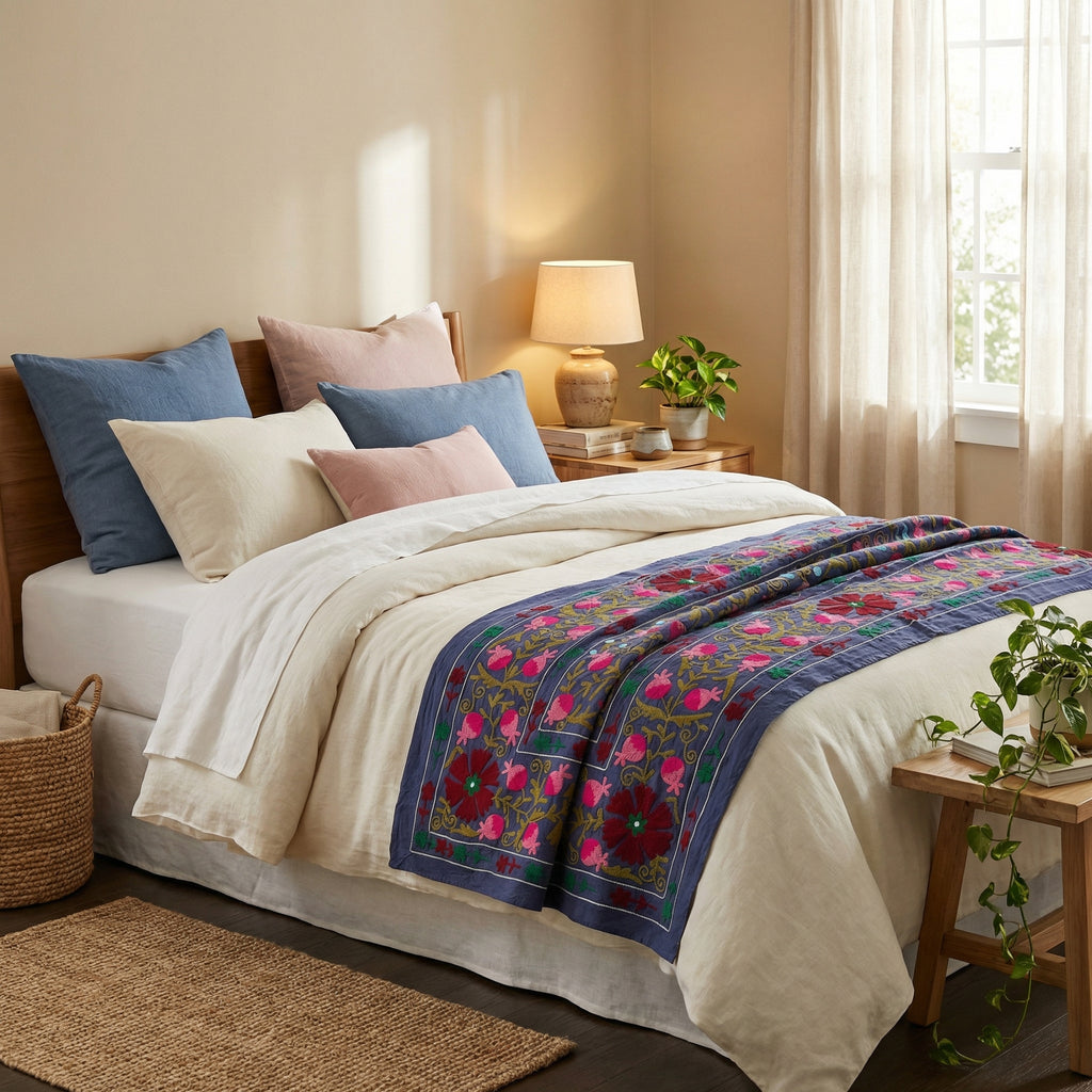 Pacing Pinewoods Hand-Embroidered Cotton Suzani Throw