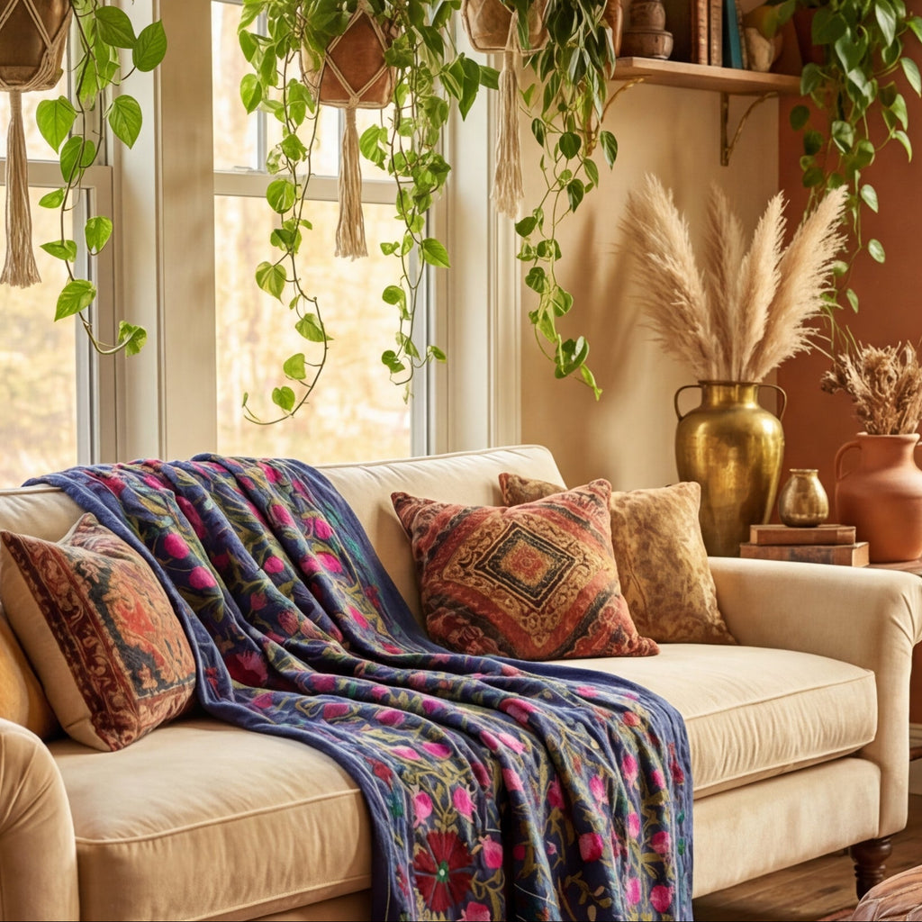 Pacing Pinewoods Hand-Embroidered Cotton Suzani Throw