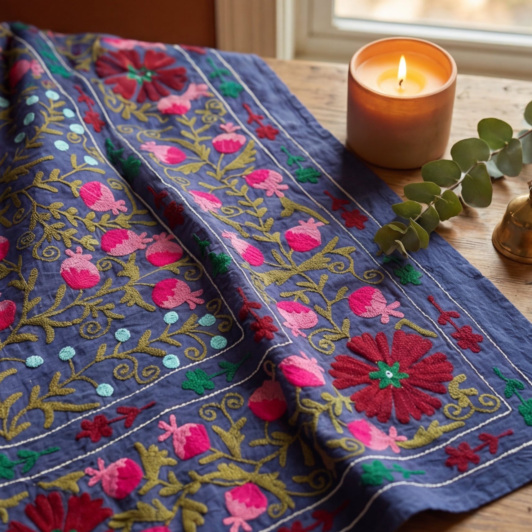 Pacing Pinewoods Hand-Embroidered Cotton Suzani Throw