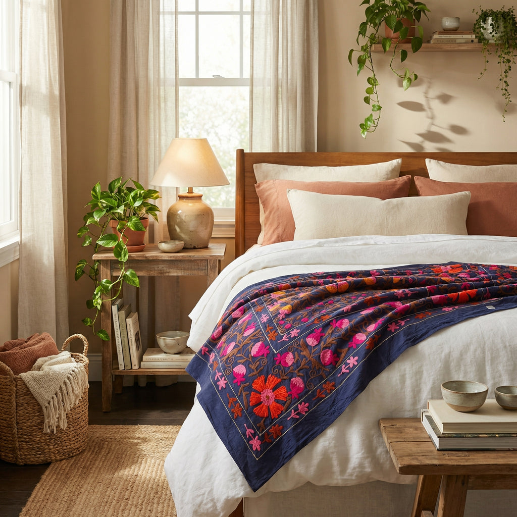Wandering Blossom Hand-Embroidered Cotton Suzani Throw