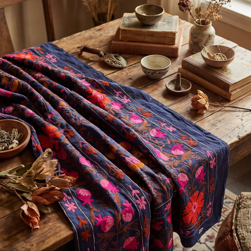 Wandering Blossom Hand-Embroidered Cotton Suzani Throw