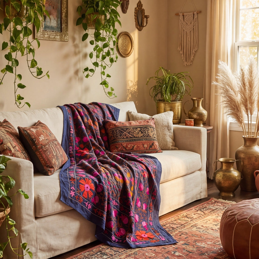 Wandering Blossom Hand-Embroidered Cotton Suzani Throw