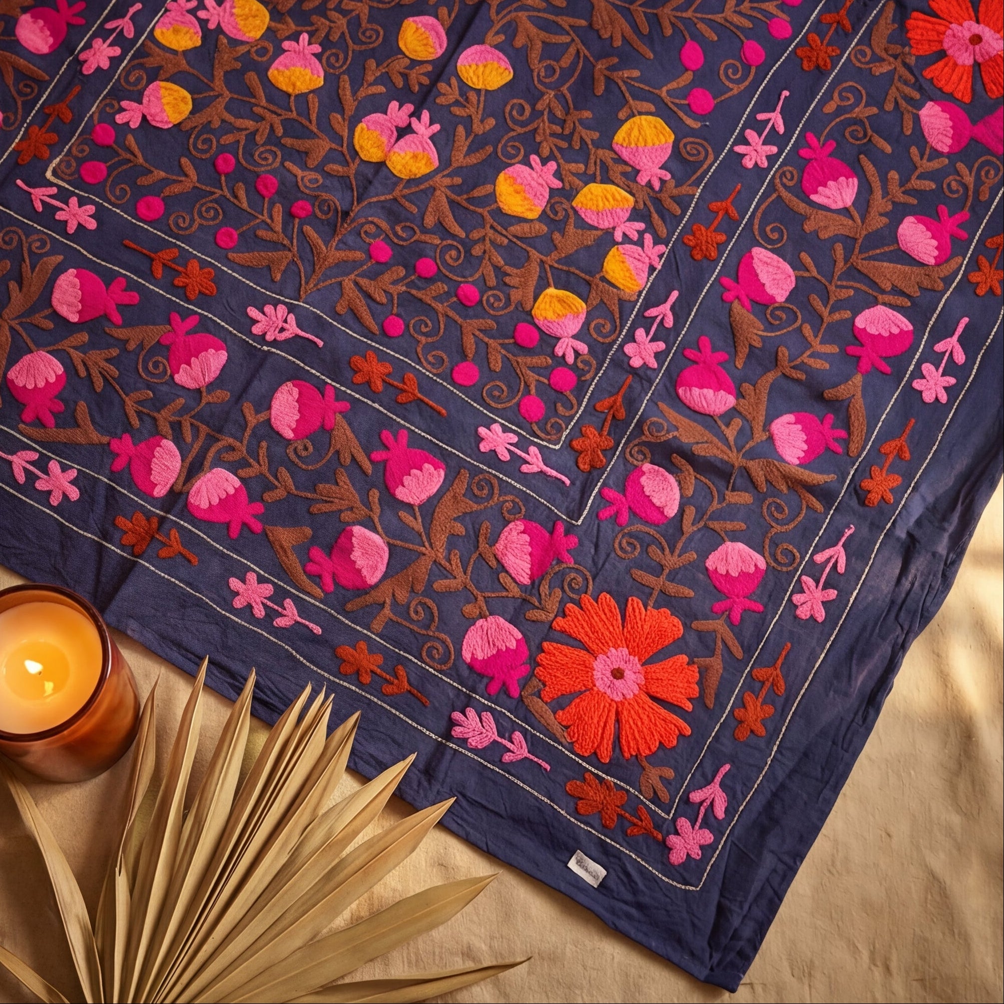 Wandering Blossom Hand-Embroidered Cotton Suzani Throw
