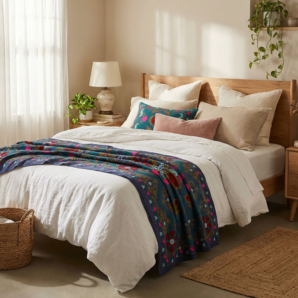 Floating Flora Hand-Embroidered Cotton Suzani Throw