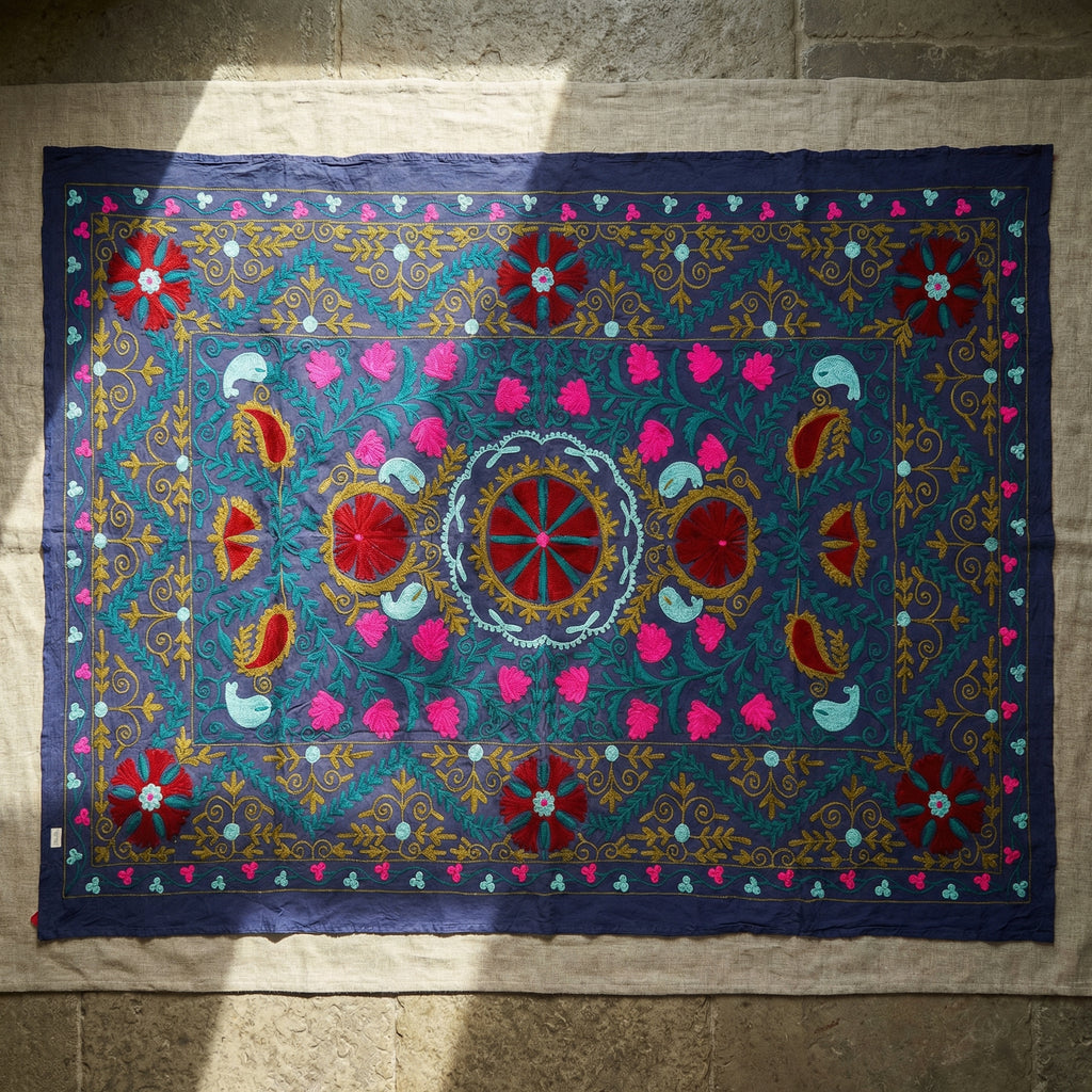 Floating Flora Hand-Embroidered Cotton Suzani Throw