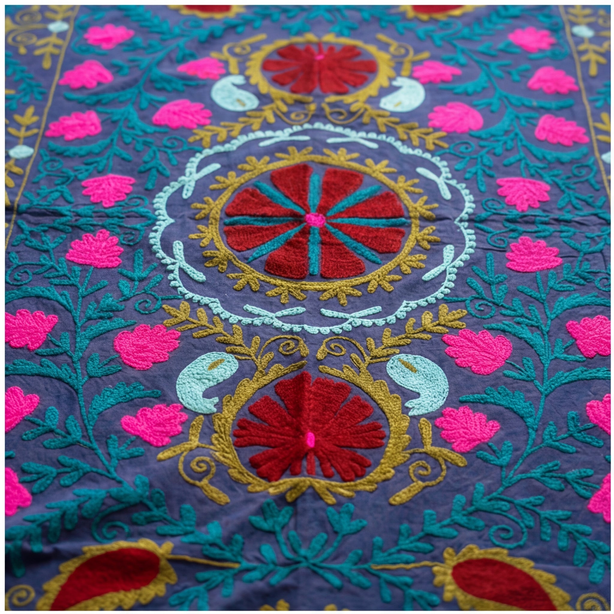 Floating Flora Hand-Embroidered Cotton Suzani Throw