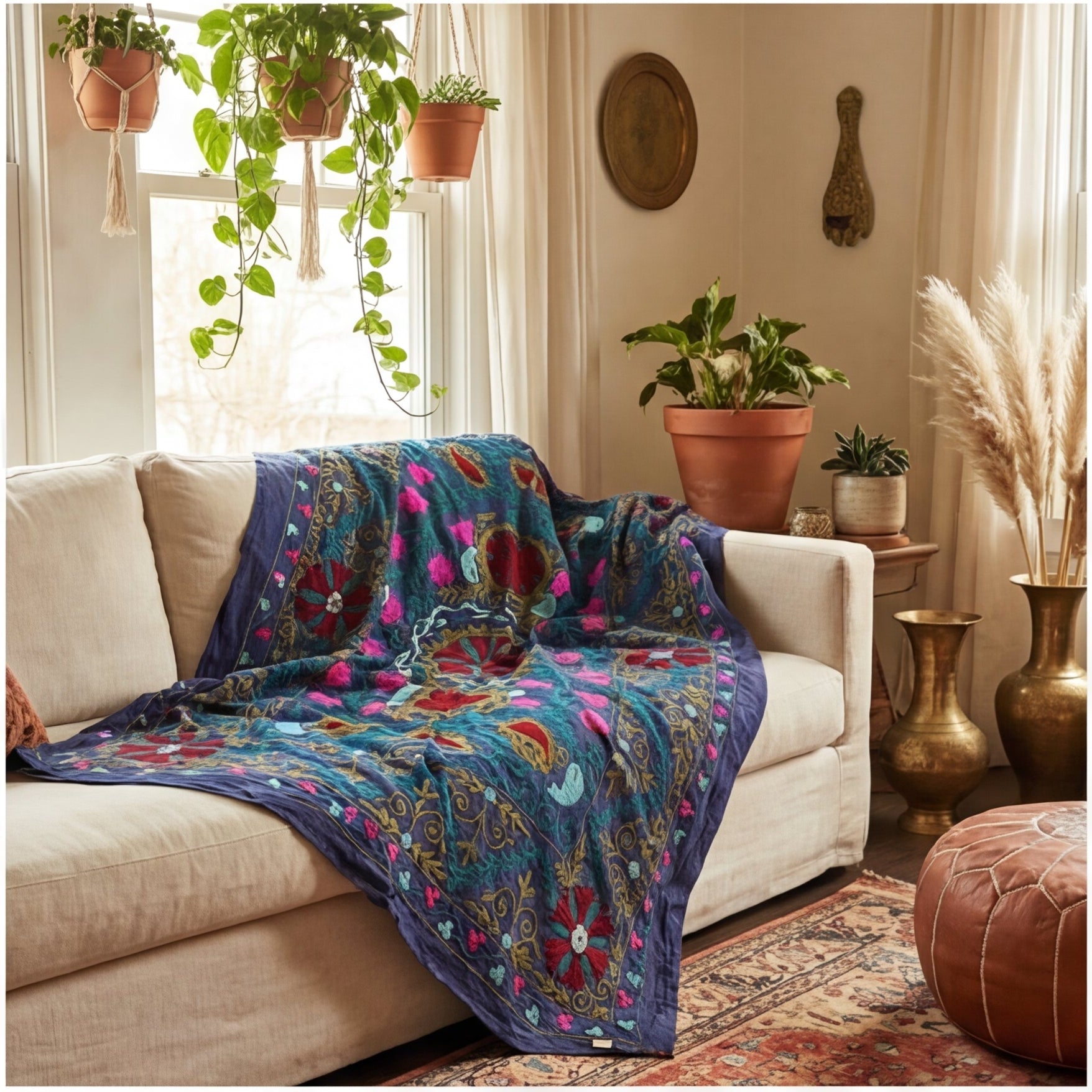 Floating Flora Hand-Embroidered Cotton Suzani Throw