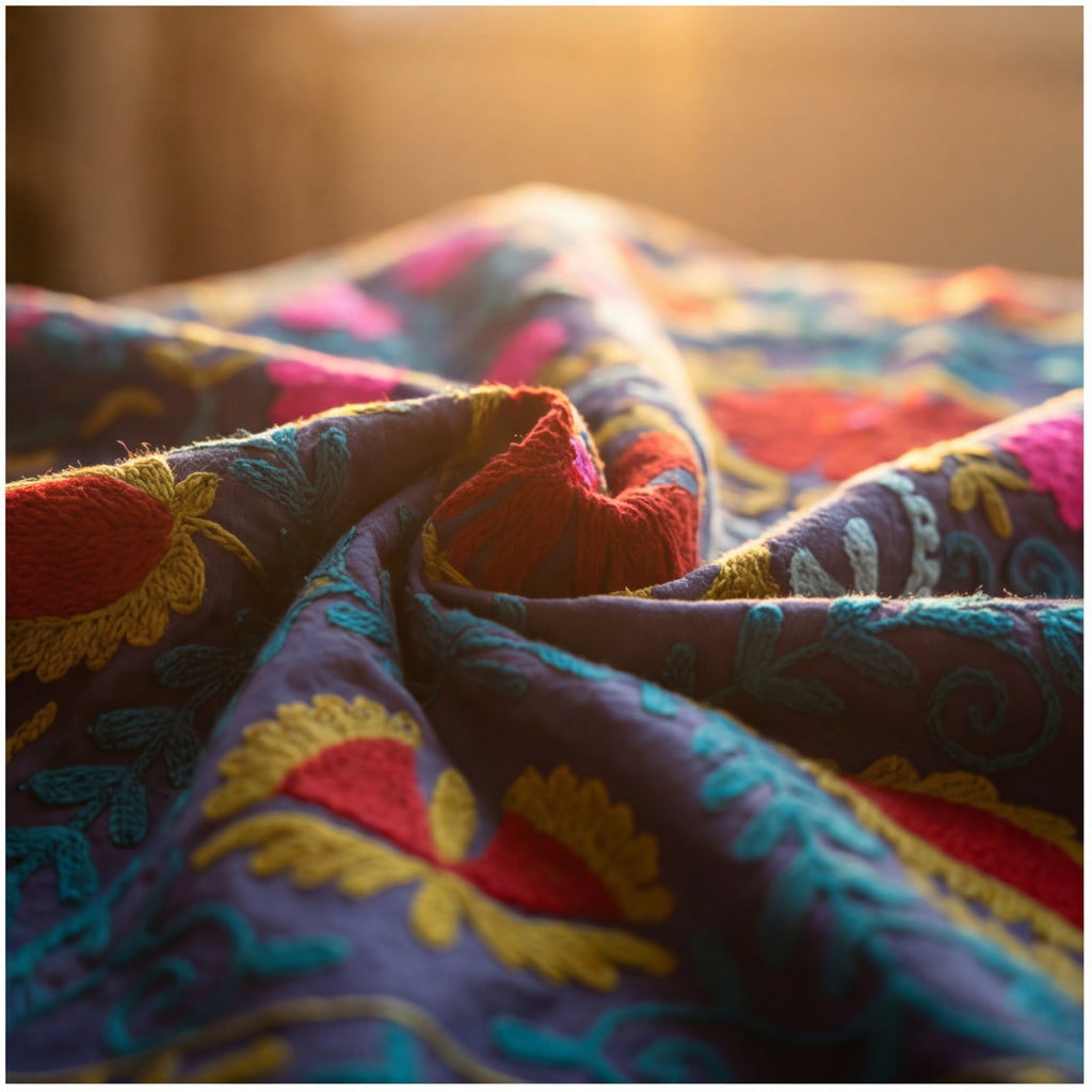 Floating Flora Hand-Embroidered Cotton Suzani Throw