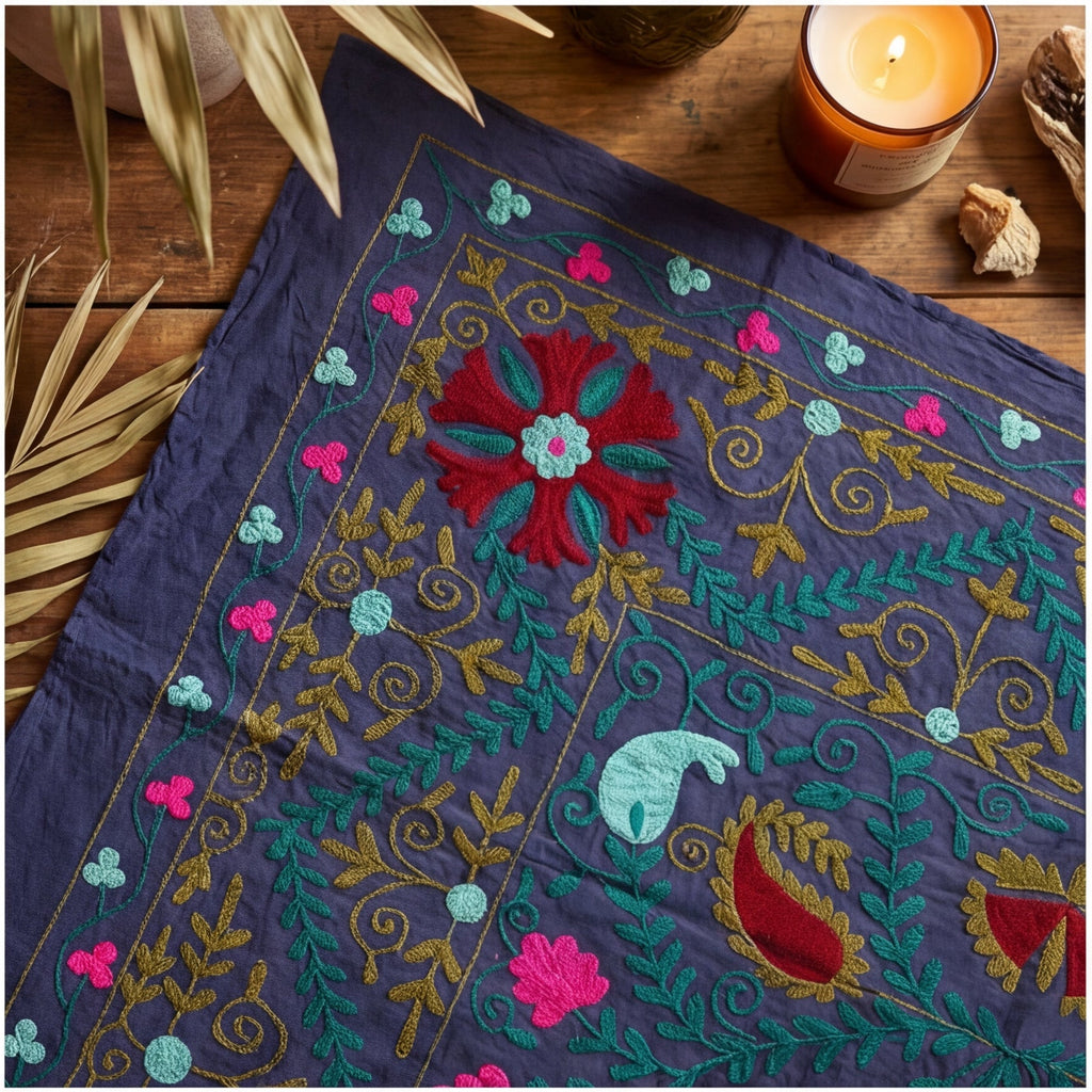 Floating Flora Hand-Embroidered Cotton Suzani Throw