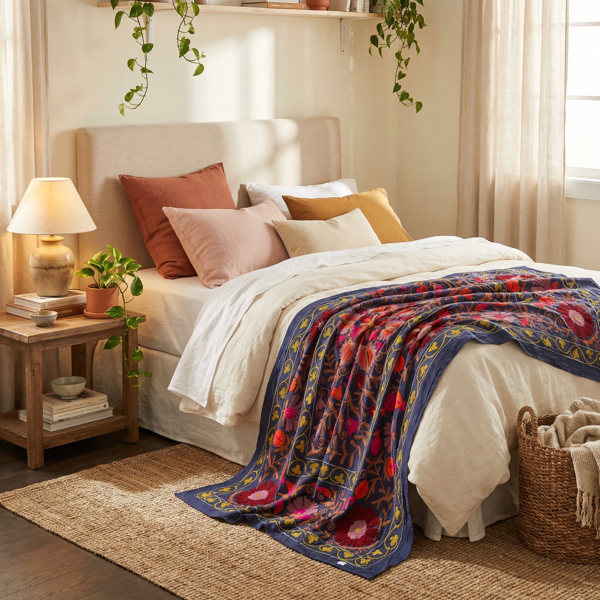 Stirring Stonescapes Hand-Embroidered Cotton Suzani Throw