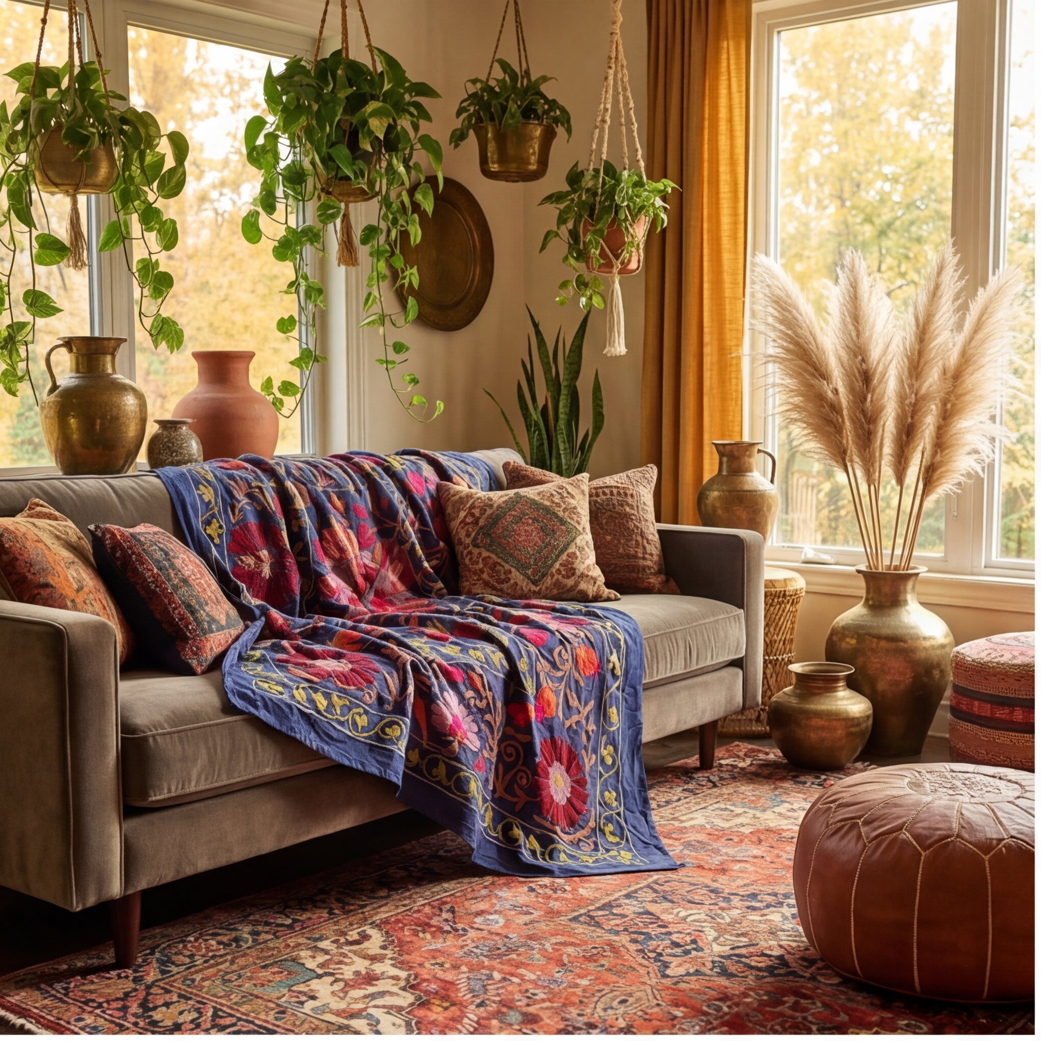 Stirring Stonescapes Hand-Embroidered Cotton Suzani Throw