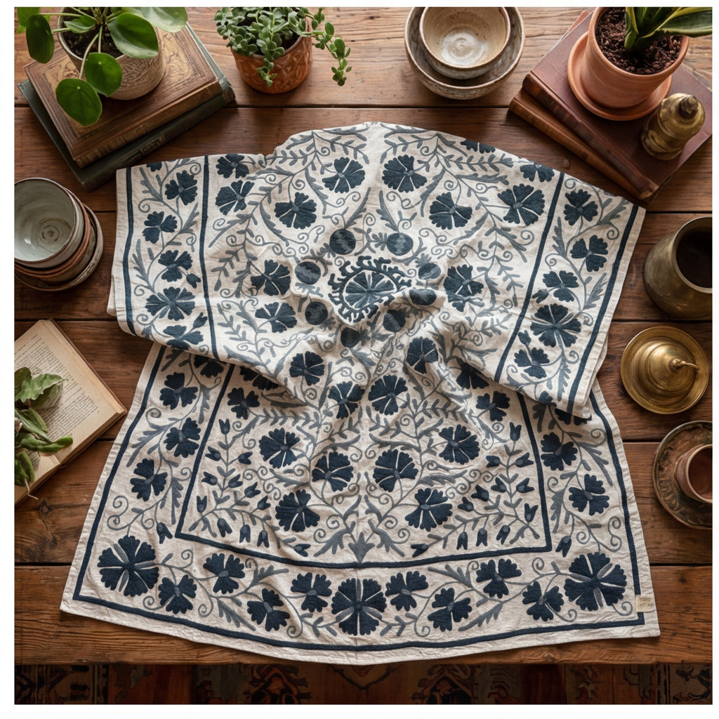 Wandering Stone Hand-Embroidered Cotton Suzani Throw
