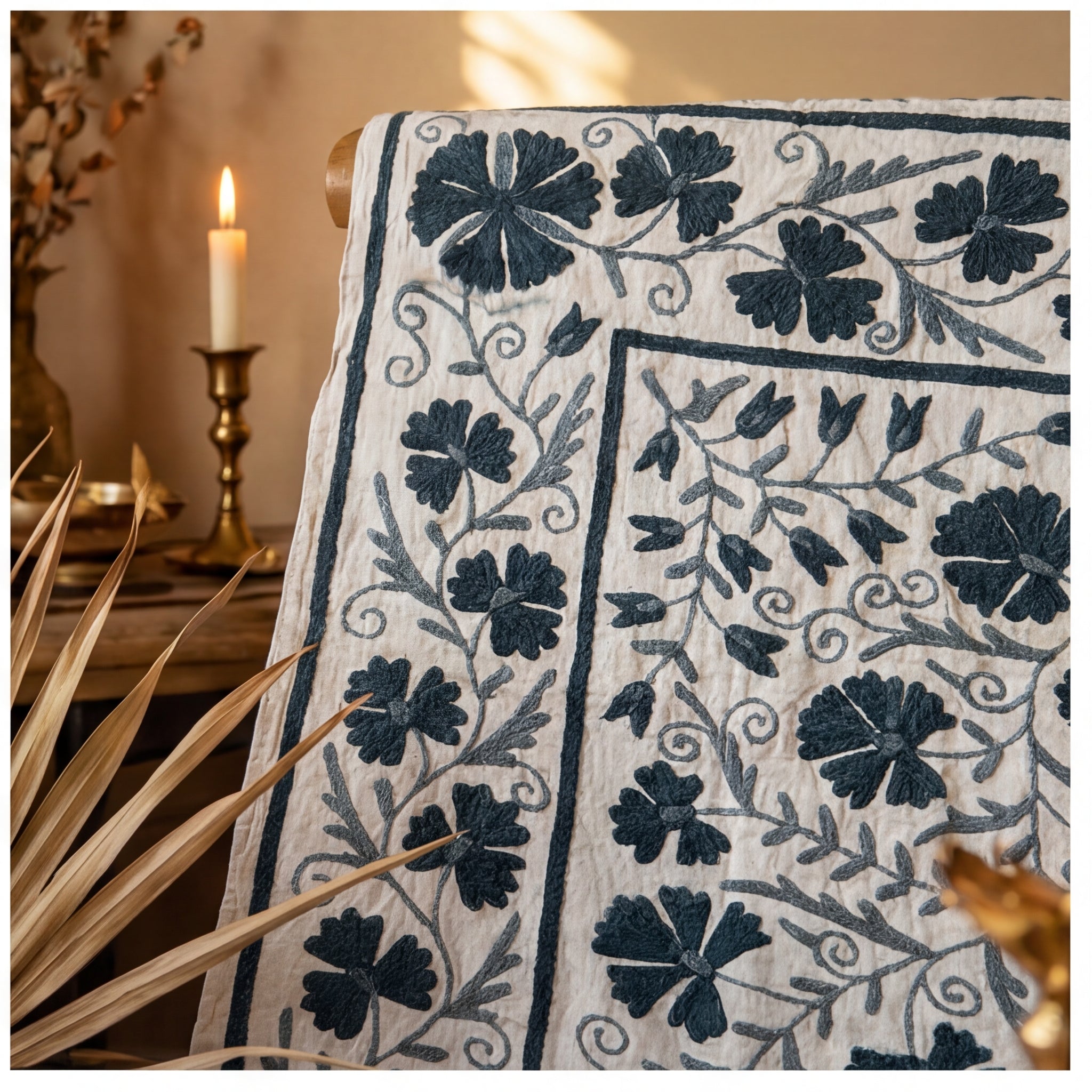 Wandering Stone Hand-Embroidered Cotton Suzani Throw