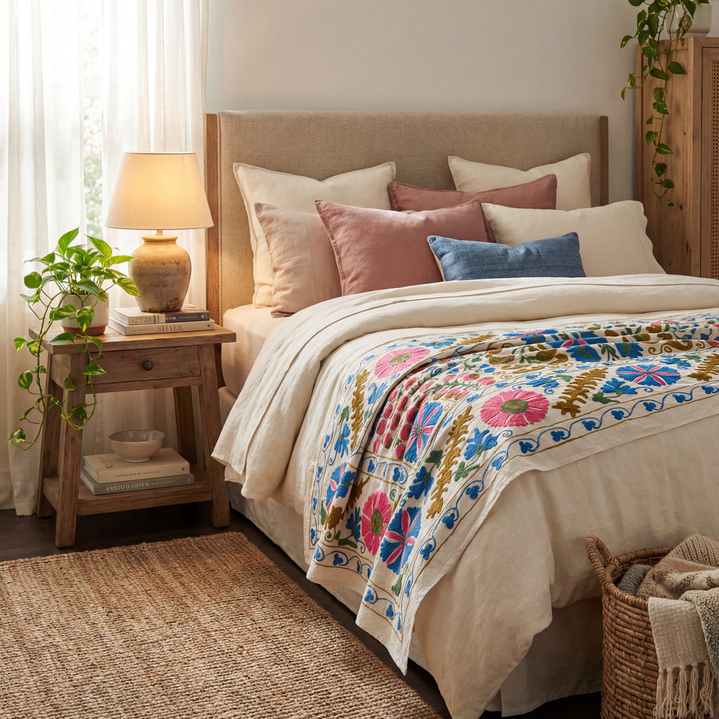 Terracotta Petal Hand-Embroidered Cotton Suzani Throw