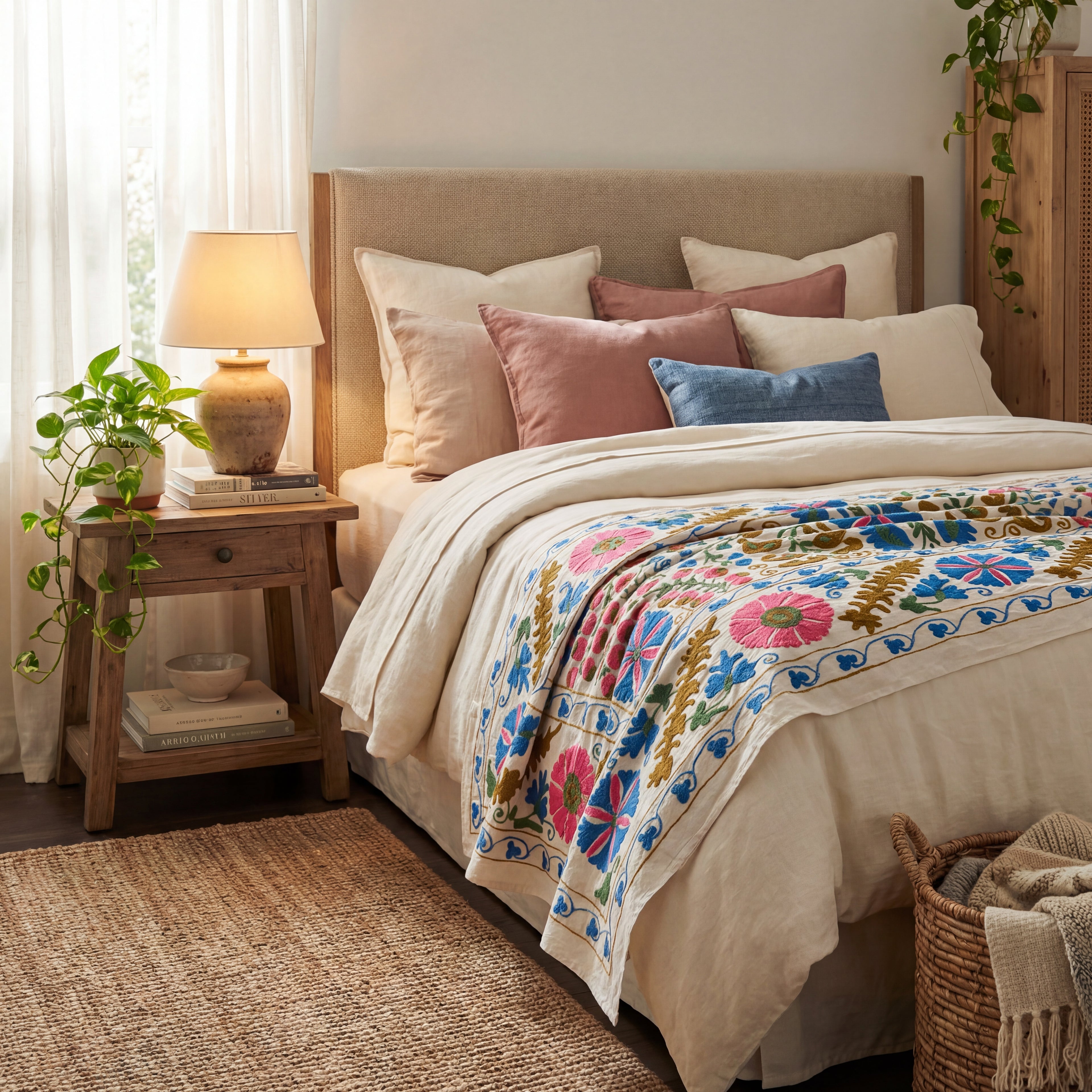 Terracotta Petal Hand-Embroidered Cotton Suzani Throw