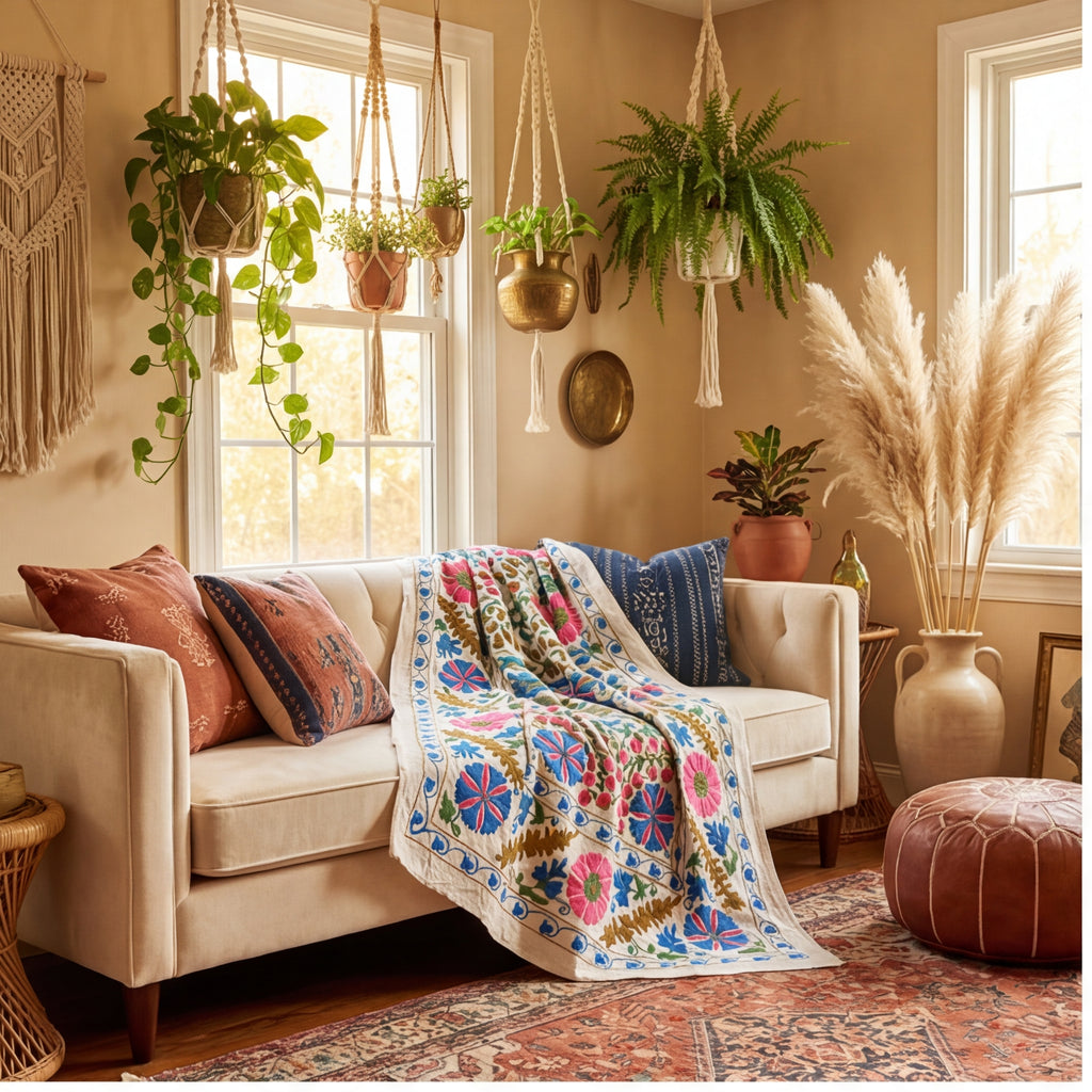 Terracotta Petal Hand-Embroidered Cotton Suzani Throw