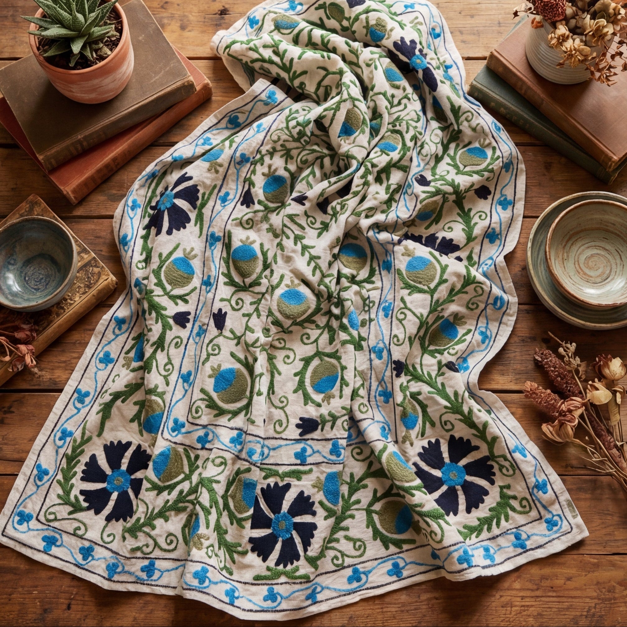 Wandering Wish Hand-Embroidered Cotton Suzani Bough