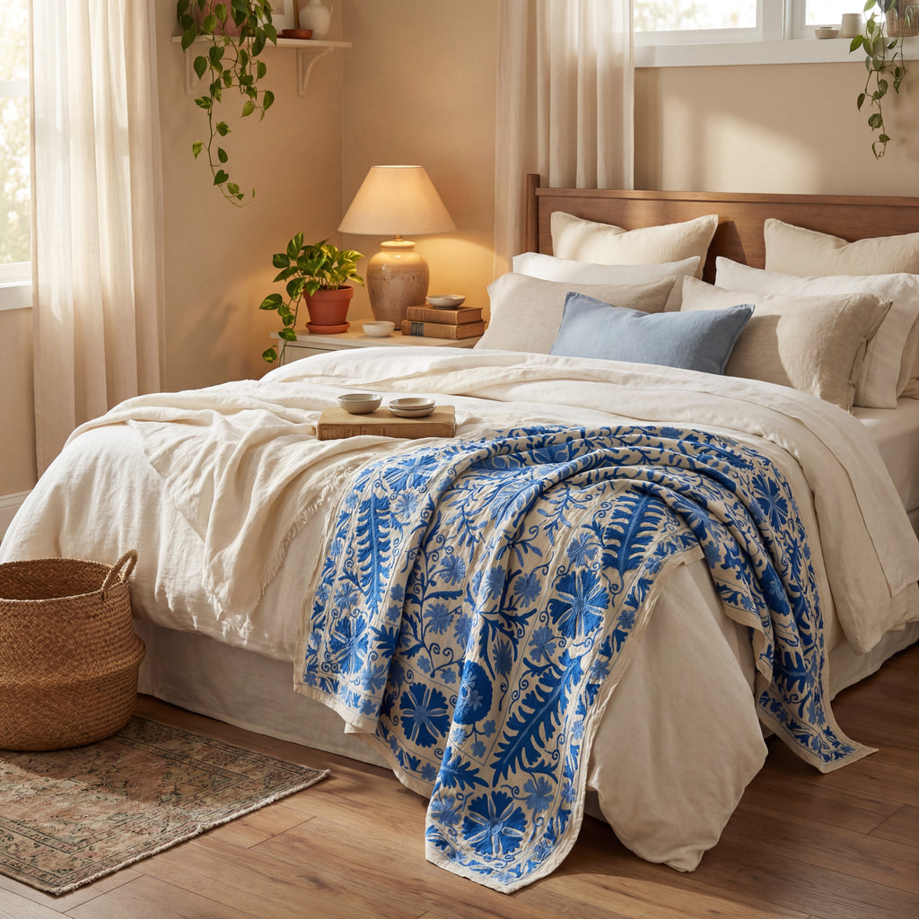 Wandering Dusk Hand-Embroidered Cotton Suzani Throw