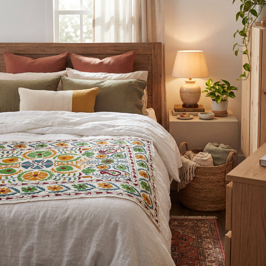 Wandering Indigo Hand-Embroidered Cotton Suzani Throw