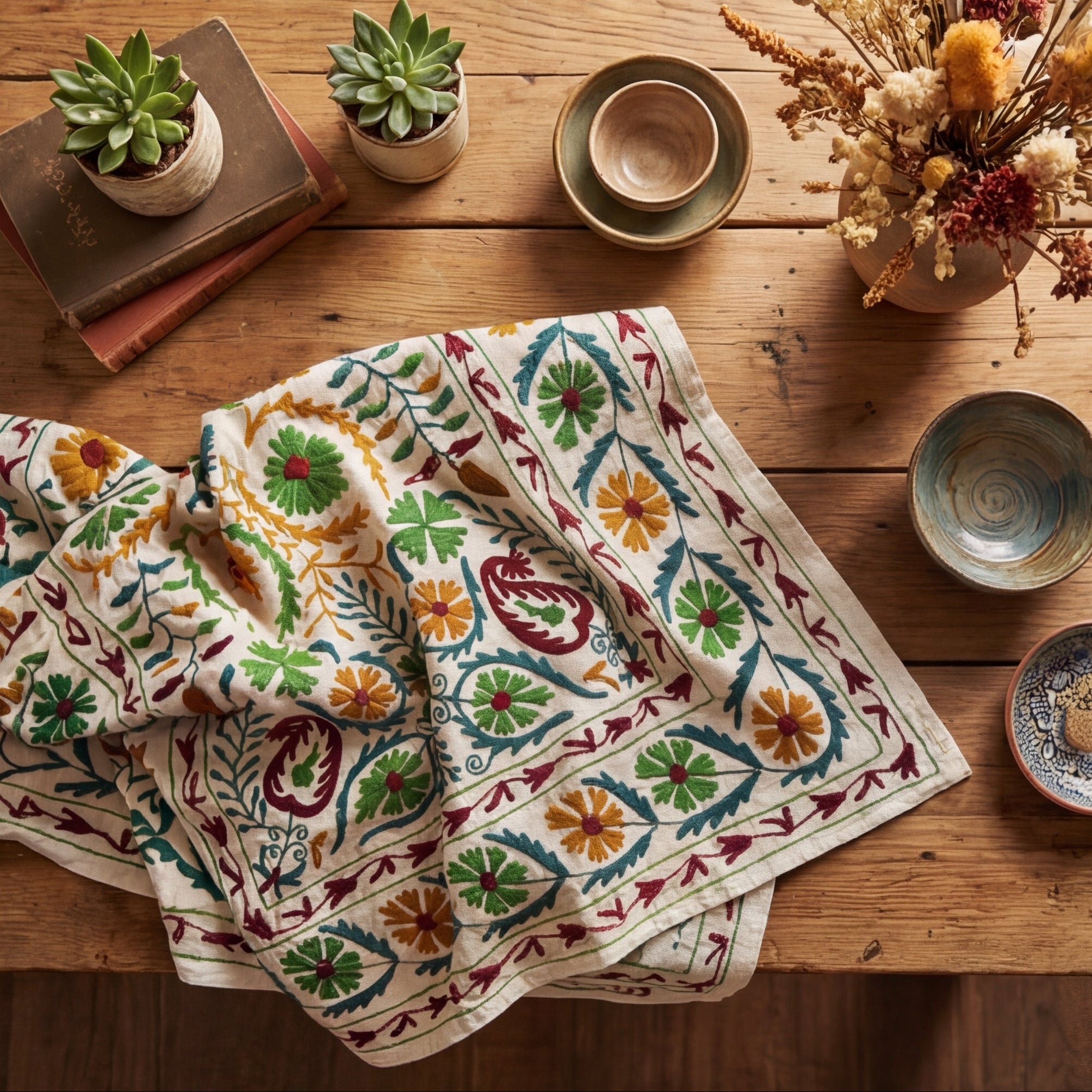 Wandering Indigo Hand-Embroidered Cotton Suzani Throw